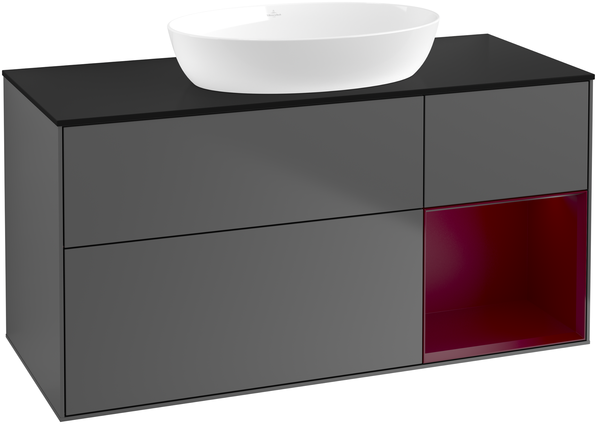 Villeroy & Boch Finion Meuble sous plan, avec éclairage, 3 tiroirs sur rails, 1200x603x501mm, Caisson: Anthracite Matt Lacquer, Façade: Anthracite Matt Lacquer, Élément d’étagère: Peony Matt Lacquer, Plaque de recouvrement: Glass Black Matt