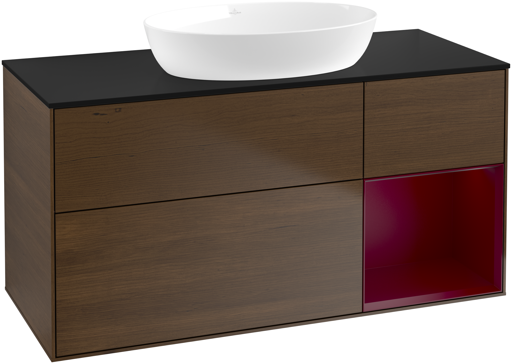 Villeroy & Boch Finion Meuble sous plan, avec éclairage, 3 tiroirs sur rails, 1200x603x501mm, Caisson: Walnut Veneer, Façade: Walnut Veneer, Élément d’étagère: Peony Matt Lacquer, Plaque de recouvrement: Glass Black Matt