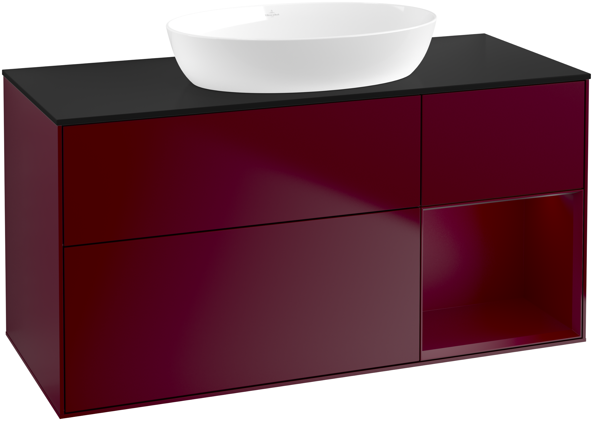 Villeroy & Boch Finion Meuble sous plan, avec éclairage, 3 tiroirs sur rails, 1200x603x501mm, Caisson: Peony Matt Lacquer, Façade: Peony Matt Lacquer, Élément d’étagère: Peony Matt Lacquer, Plaque de recouvrement: Glass Black Matt