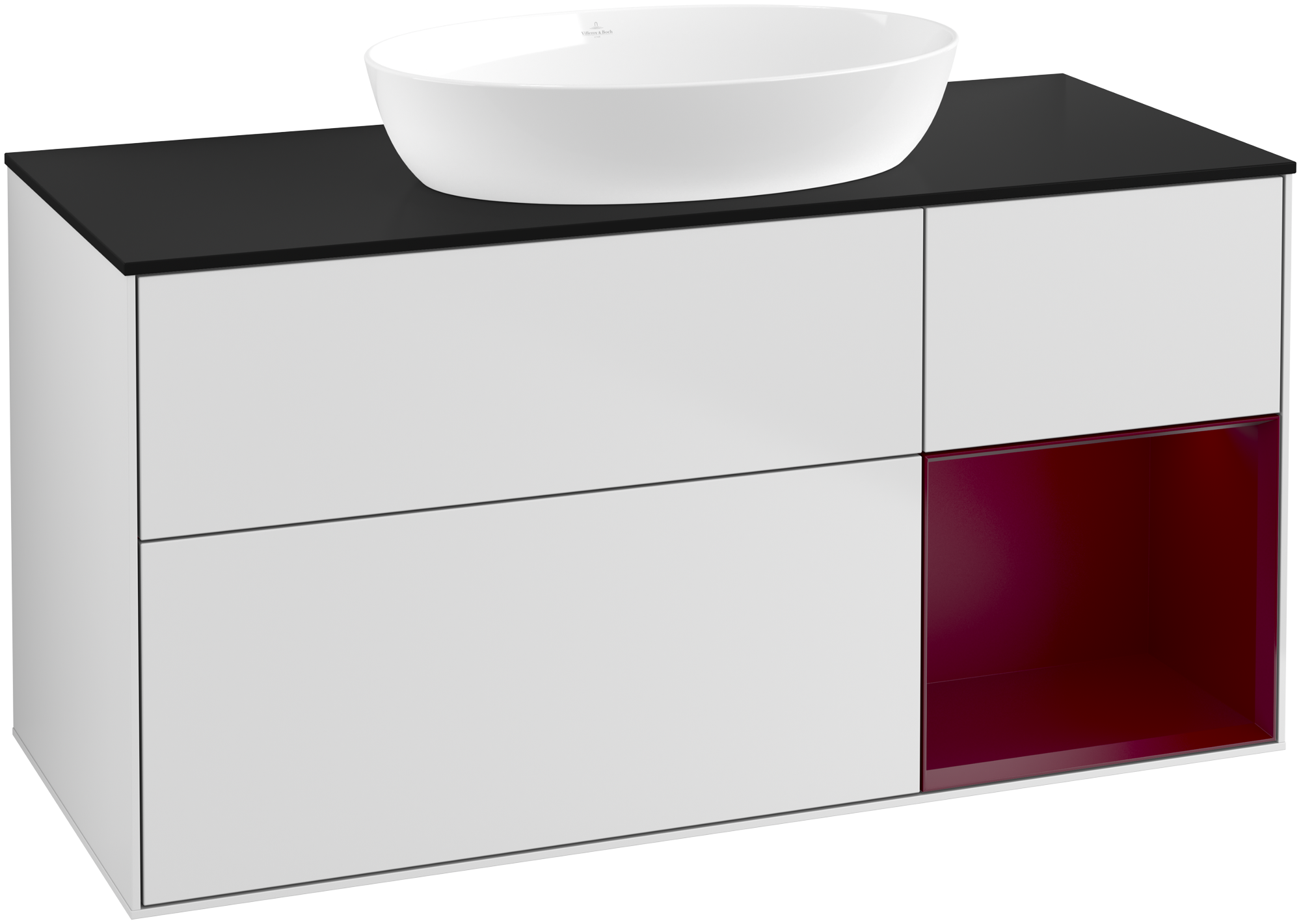 Villeroy & Boch Finion Meuble sous plan, avec éclairage, 3 tiroirs sur rails, 1200x603x501mm, Caisson: White Matt Lacquer, Façade: White Matt Lacquer, Élément d’étagère: Peony Matt Lacquer, Plaque de recouvrement: Glass Black Matt