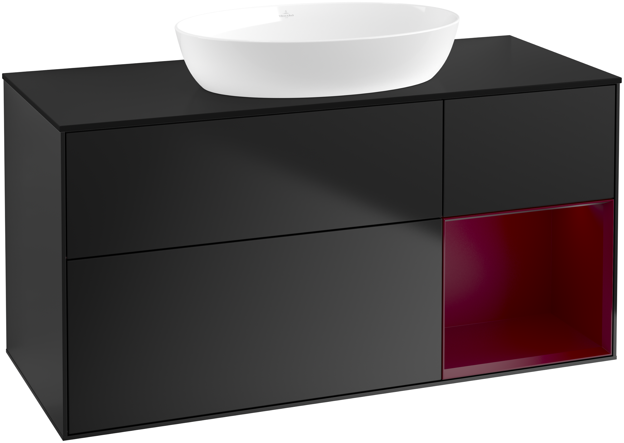 Villeroy & Boch Finion Meuble sous plan, avec éclairage, 3 tiroirs sur rails, 1200x603x501mm, Caisson: Black Matt Lacquer, Façade: Black Matt Lacquer, Élément d’étagère: Peony Matt Lacquer, Plaque de recouvrement: Glass Black Matt