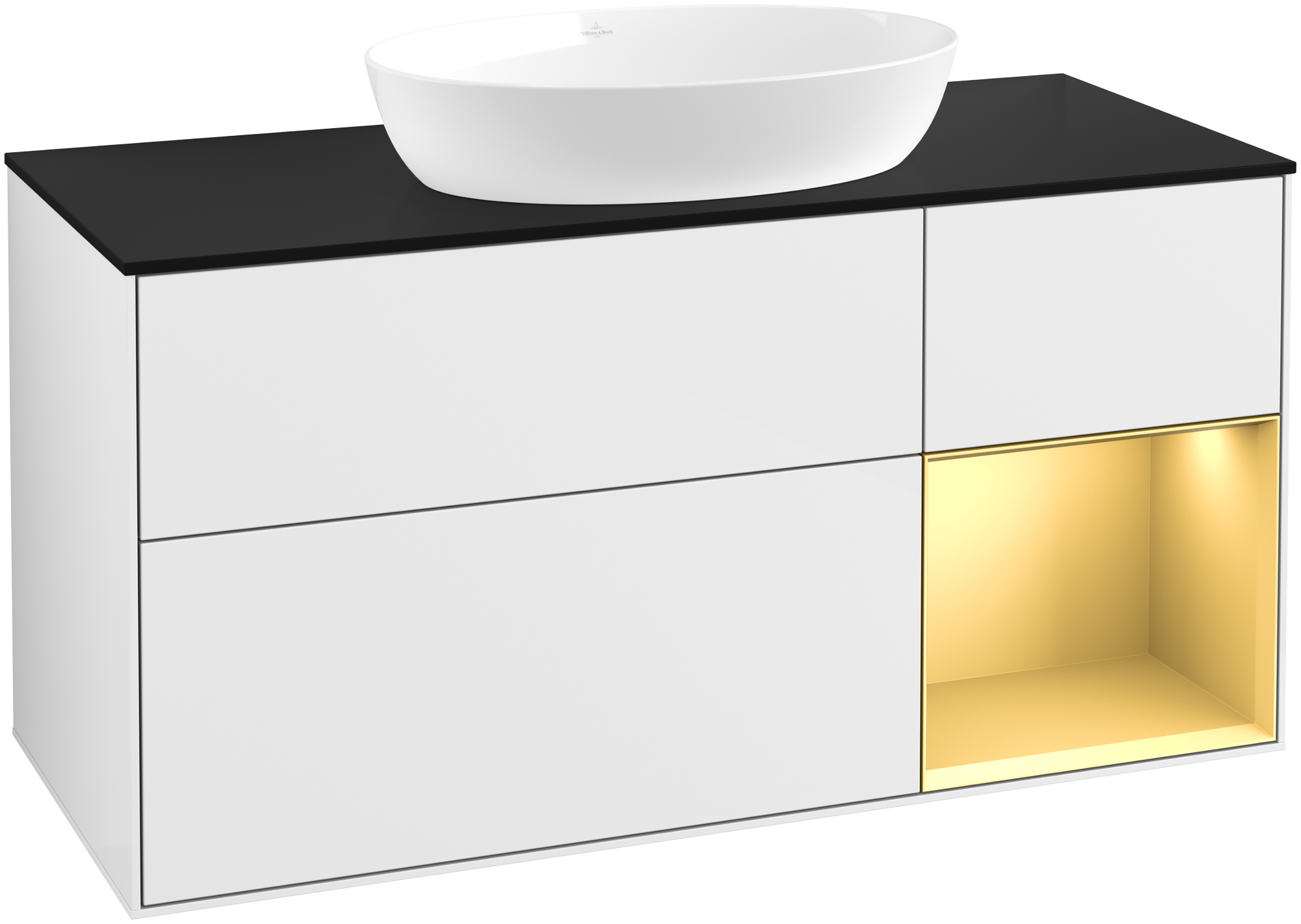 Villeroy & Boch Finion Meuble sous plan, avec éclairage, 3 tiroirs sur rails, 1200x603x501mm, Caisson: Glossy White Lacquer, Façade: Glossy White Lacquer, Élément d’étagère: Gold Matt Lacquer, Plaque de recouvrement: Glass Black Matt