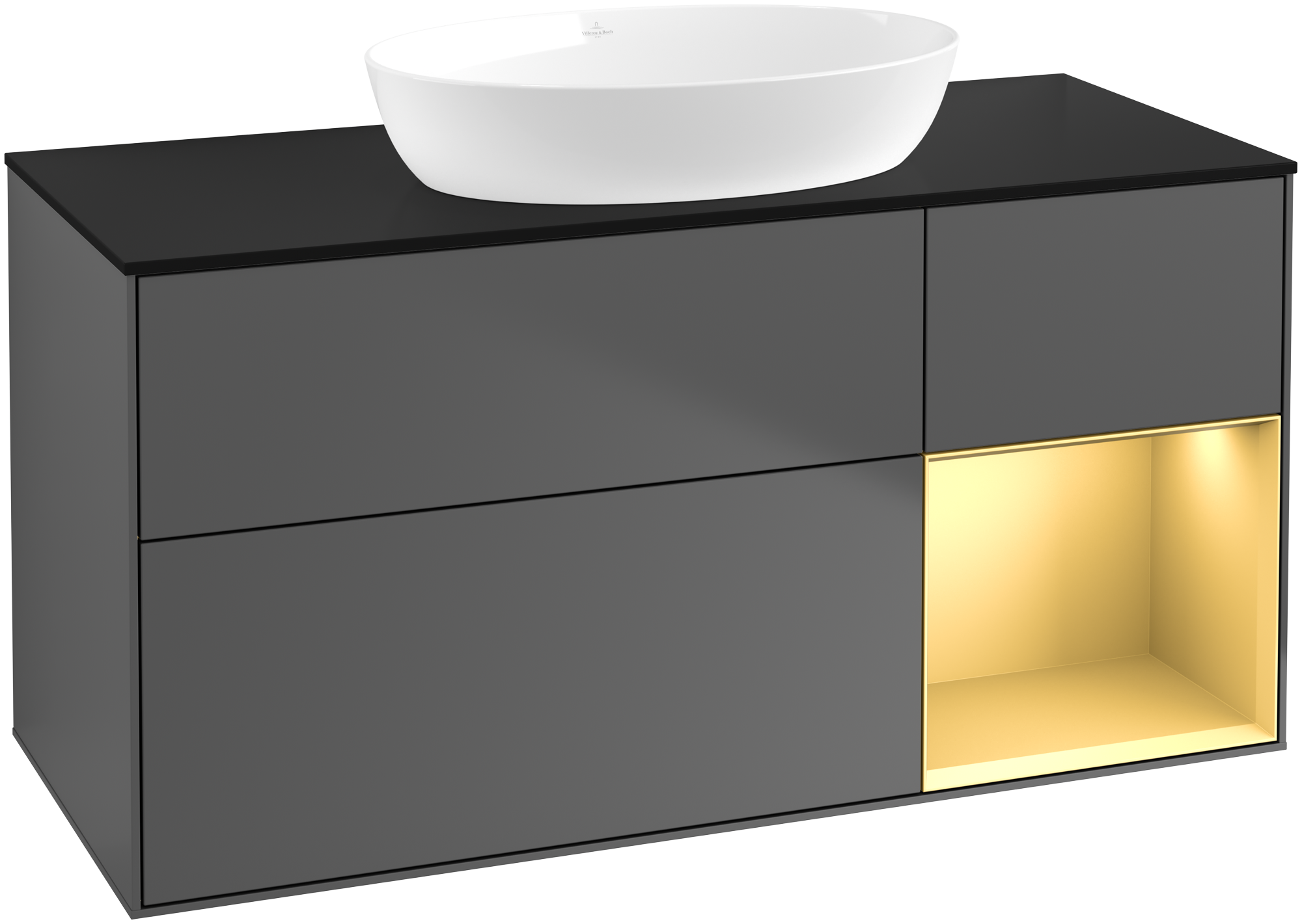 Villeroy & Boch Finion Meuble sous plan, avec éclairage, 3 tiroirs sur rails, 1200x603x501mm, Caisson: Anthracite Matt Lacquer, Façade: Anthracite Matt Lacquer, Élément d’étagère: Gold Matt Lacquer, Plaque de recouvrement: Glass Black Matt