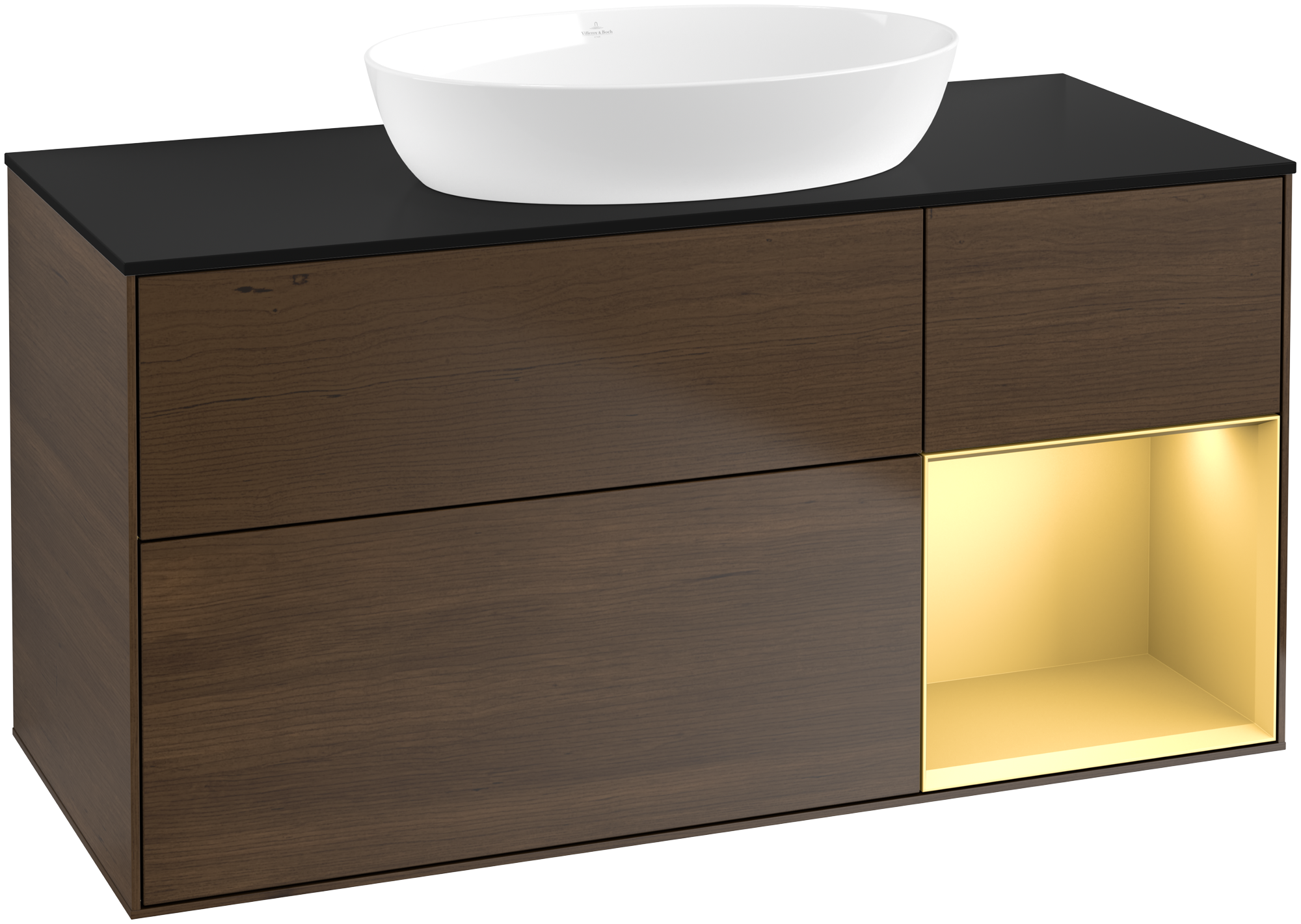 Villeroy & Boch Finion Meuble sous plan, avec éclairage, 3 tiroirs sur rails, 1200x603x501mm, Caisson: Walnut Veneer, Façade: Walnut Veneer, Élément d’étagère: Gold Matt Lacquer, Plaque de recouvrement: Glass Black Matt