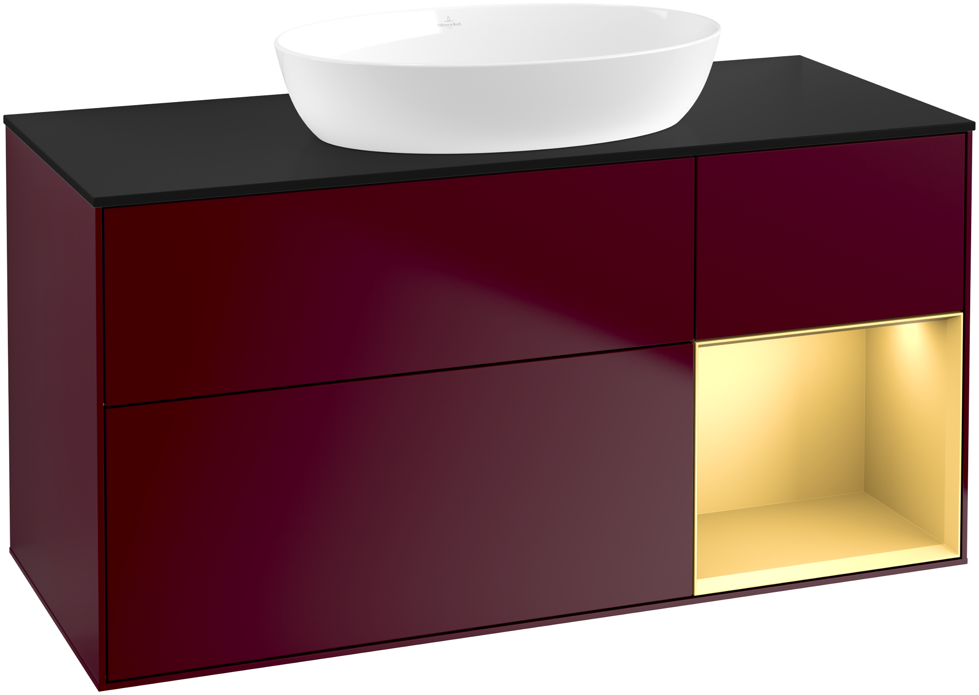 Villeroy & Boch Finion Meuble sous plan, avec éclairage, 3 tiroirs sur rails, 1200x603x501mm, Caisson: Peony Matt Lacquer, Façade: Peony Matt Lacquer, Élément d’étagère: Gold Matt Lacquer, Plaque de recouvrement: Glass Black Matt