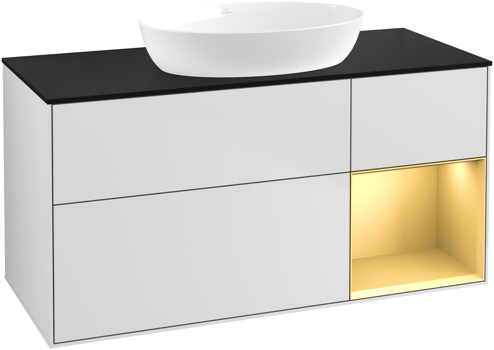 Villeroy & Boch Finion Meuble sous plan, avec éclairage, 3 tiroirs sur rails, 1200x603x501mm, Caisson: White Matt Lacquer, Façade: White Matt Lacquer, Élément d’étagère: Gold Matt Lacquer, Plaque de recouvrement: Glass Black Matt