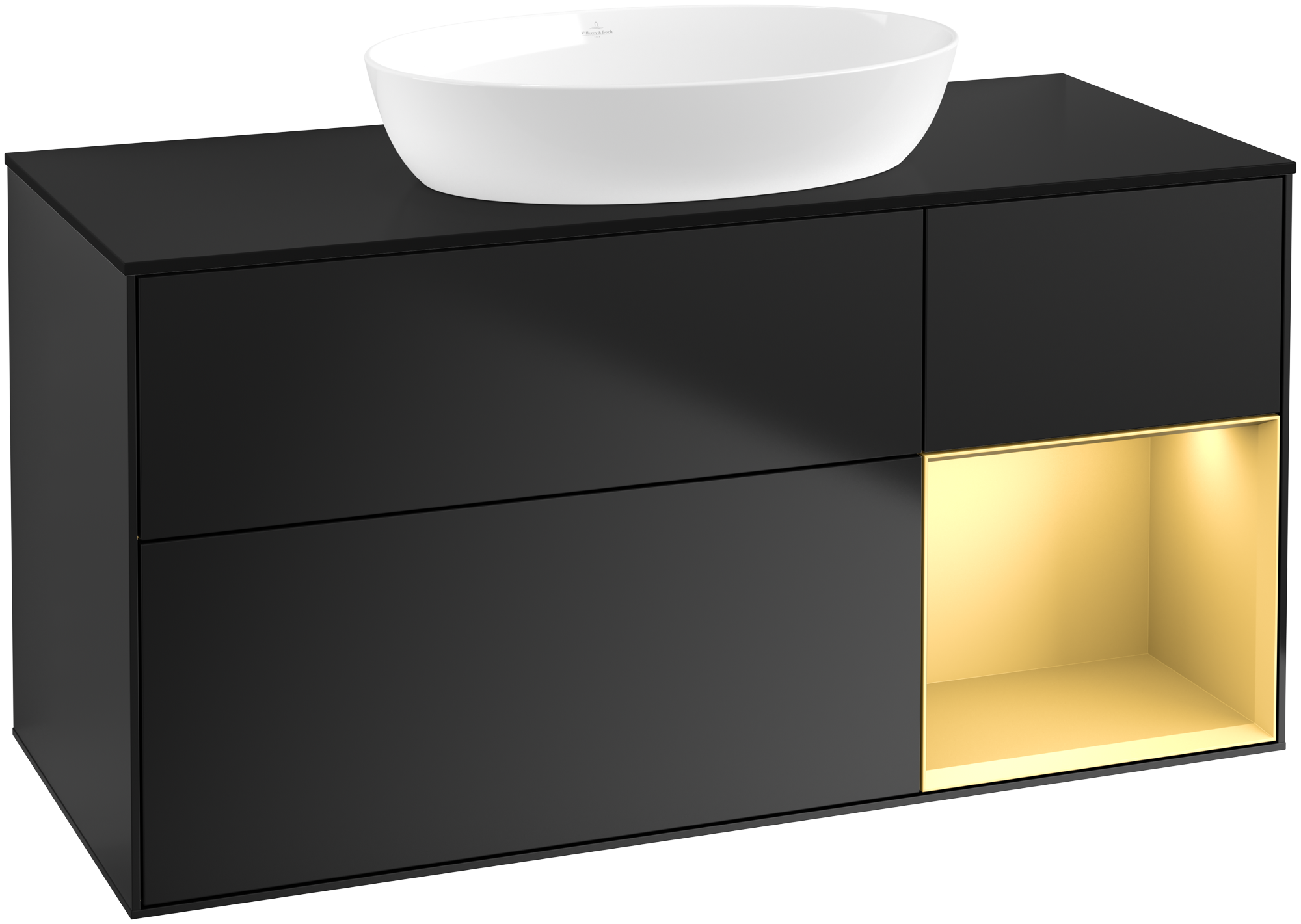 Villeroy & Boch Finion Meuble sous plan, avec éclairage, 3 tiroirs sur rails, 1200x603x501mm, Caisson: Black Matt Lacquer, Façade: Black Matt Lacquer, Élément d’étagère: Gold Matt Lacquer, Plaque de recouvrement: Glass Black Matt