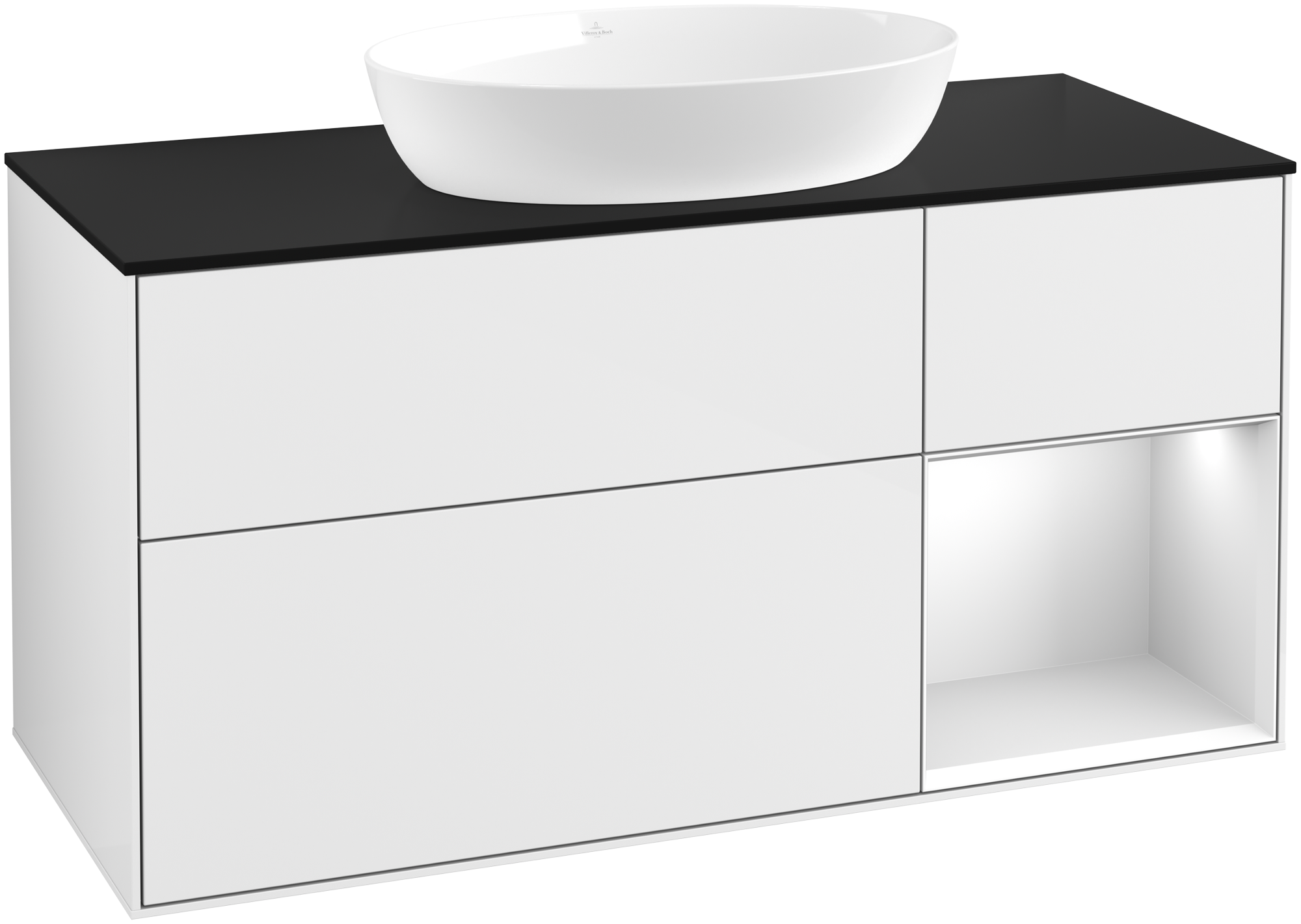 Villeroy & Boch Finion Meuble sous plan, avec éclairage, 3 tiroirs sur rails, 1200x603x501mm, Caisson: Glossy White Lacquer, Façade: Glossy White Lacquer, Élément d’étagère: White Matt Lacquer, Plaque de recouvrement: Glass Black Matt
