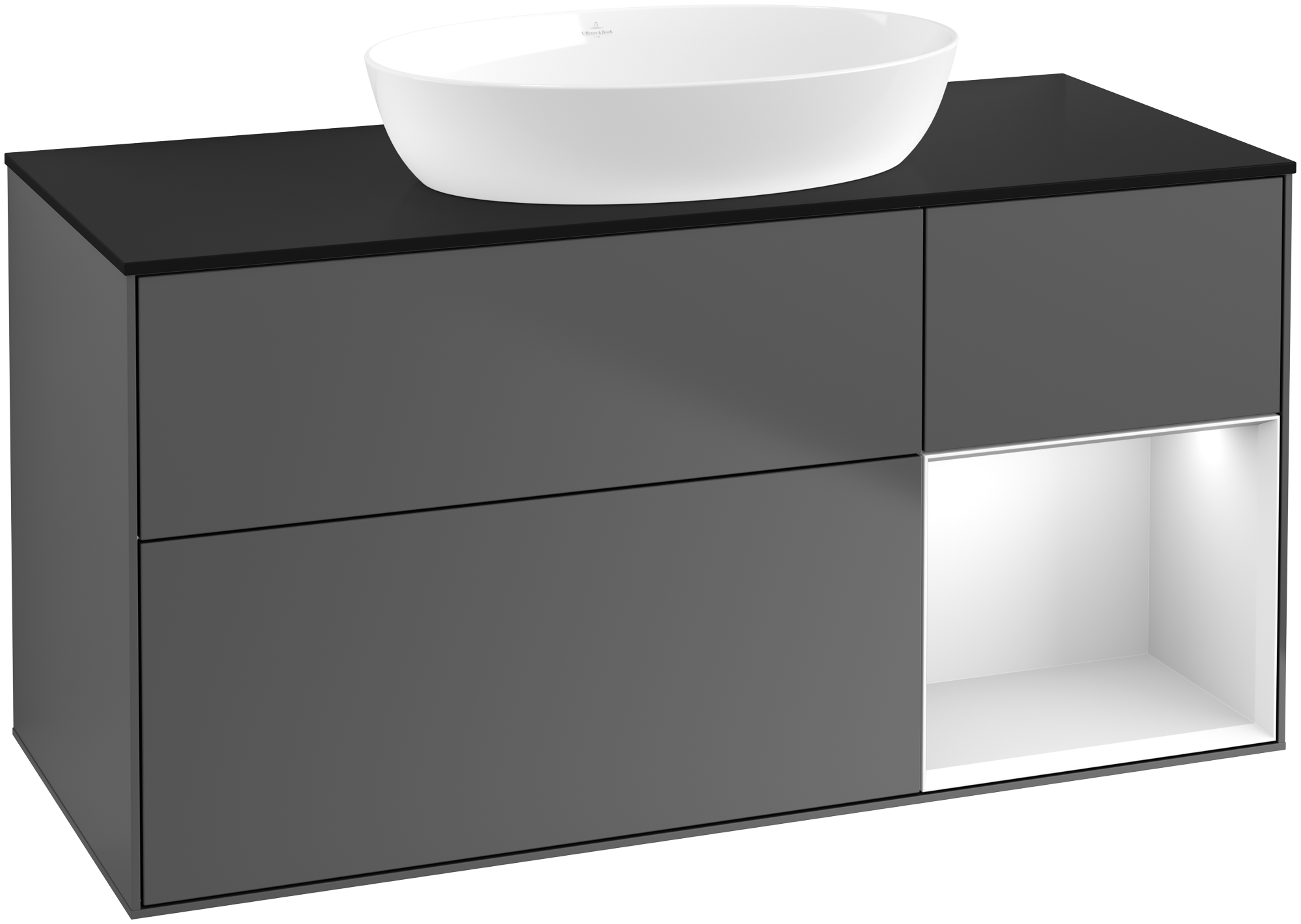 Villeroy & Boch Finion Meuble sous plan, avec éclairage, 3 tiroirs sur rails, 1200x603x501mm, Caisson: Anthracite Matt Lacquer, Façade: Anthracite Matt Lacquer, Élément d’étagère: White Matt Lacquer, Plaque de recouvrement: Glass Black Matt