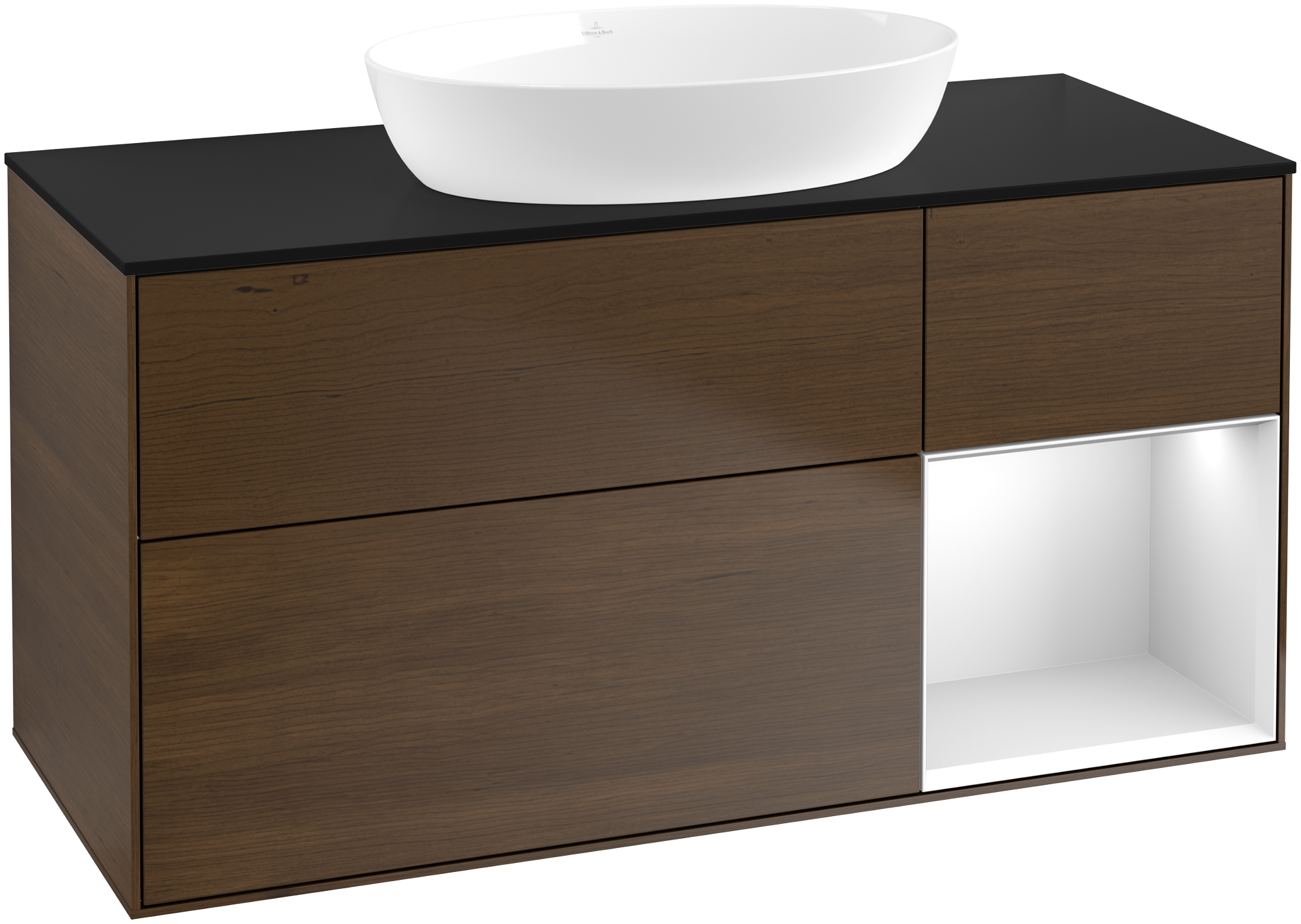 Villeroy & Boch Finion Meuble sous plan, avec éclairage, 3 tiroirs sur rails, 1200x603x501mm, Caisson: Walnut Veneer, Façade: Walnut Veneer, Élément d’étagère: White Matt Lacquer, Plaque de recouvrement: Glass Black Matt