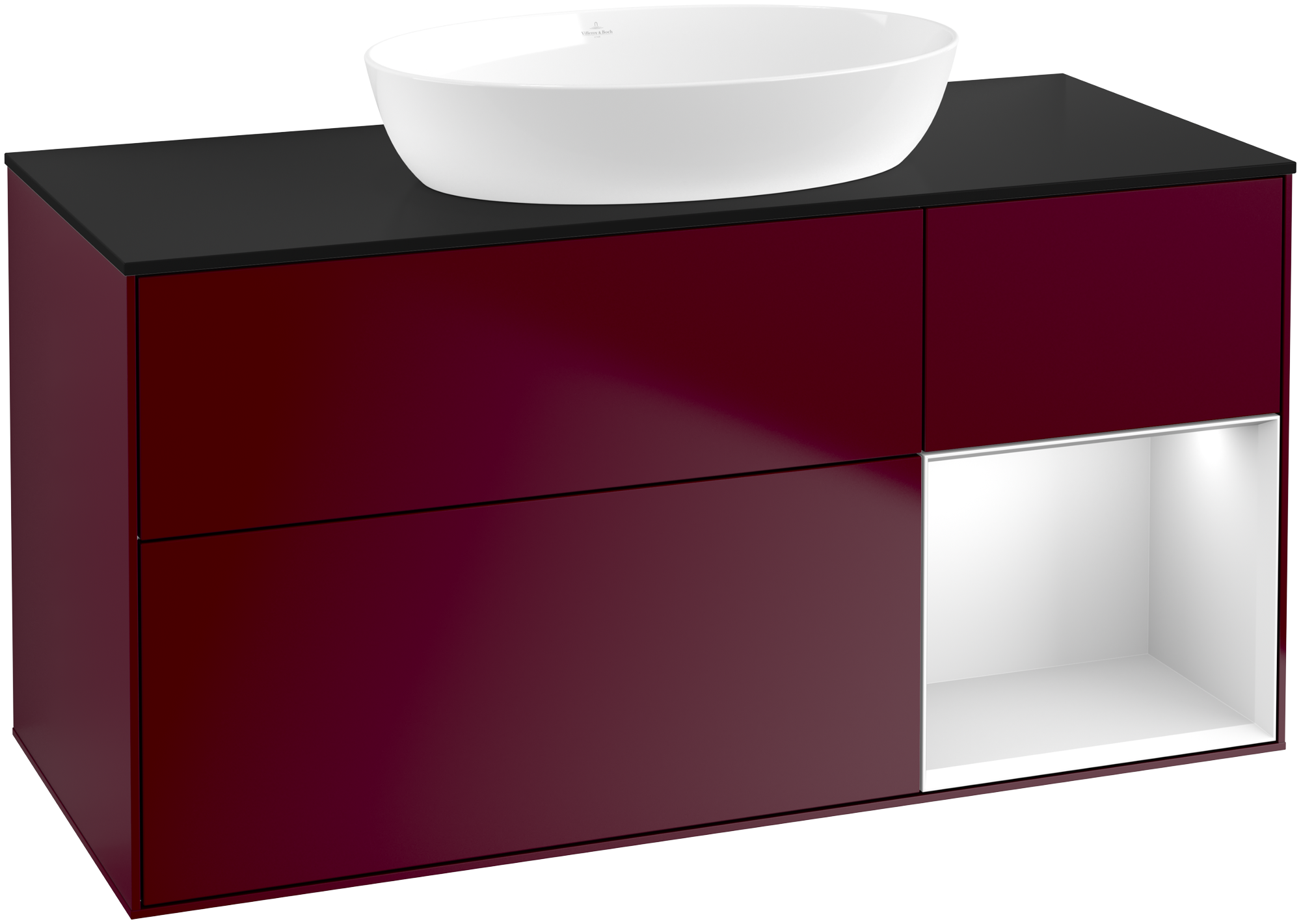 Villeroy & Boch Finion Meuble sous plan, avec éclairage, 3 tiroirs sur rails, 1200x603x501mm, Caisson: Peony Matt Lacquer, Façade: Peony Matt Lacquer, Élément d’étagère: White Matt Lacquer, Plaque de recouvrement: Glass Black Matt