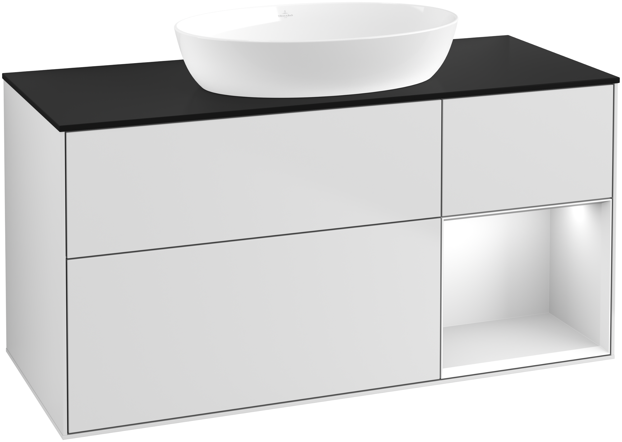 Villeroy & Boch Finion Meuble sous plan, avec éclairage, 3 tiroirs sur rails, 1200x603x501mm, Caisson: White Matt Lacquer, Façade: White Matt Lacquer, Élément d’étagère: White Matt Lacquer, Plaque de recouvrement: Glass Black Matt