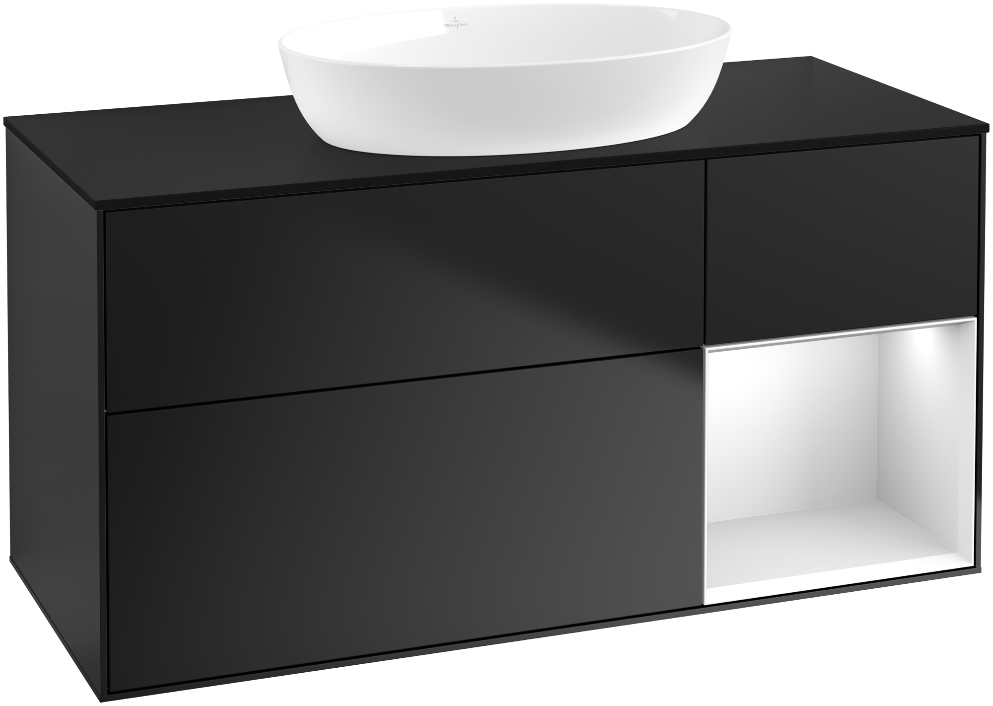 Villeroy & Boch Finion Meuble sous plan, avec éclairage, 3 tiroirs sur rails, 1200x603x501mm, Caisson: Black Matt Lacquer, Façade: Black Matt Lacquer, Élément d’étagère: White Matt Lacquer, Plaque de recouvrement: Glass Black Matt