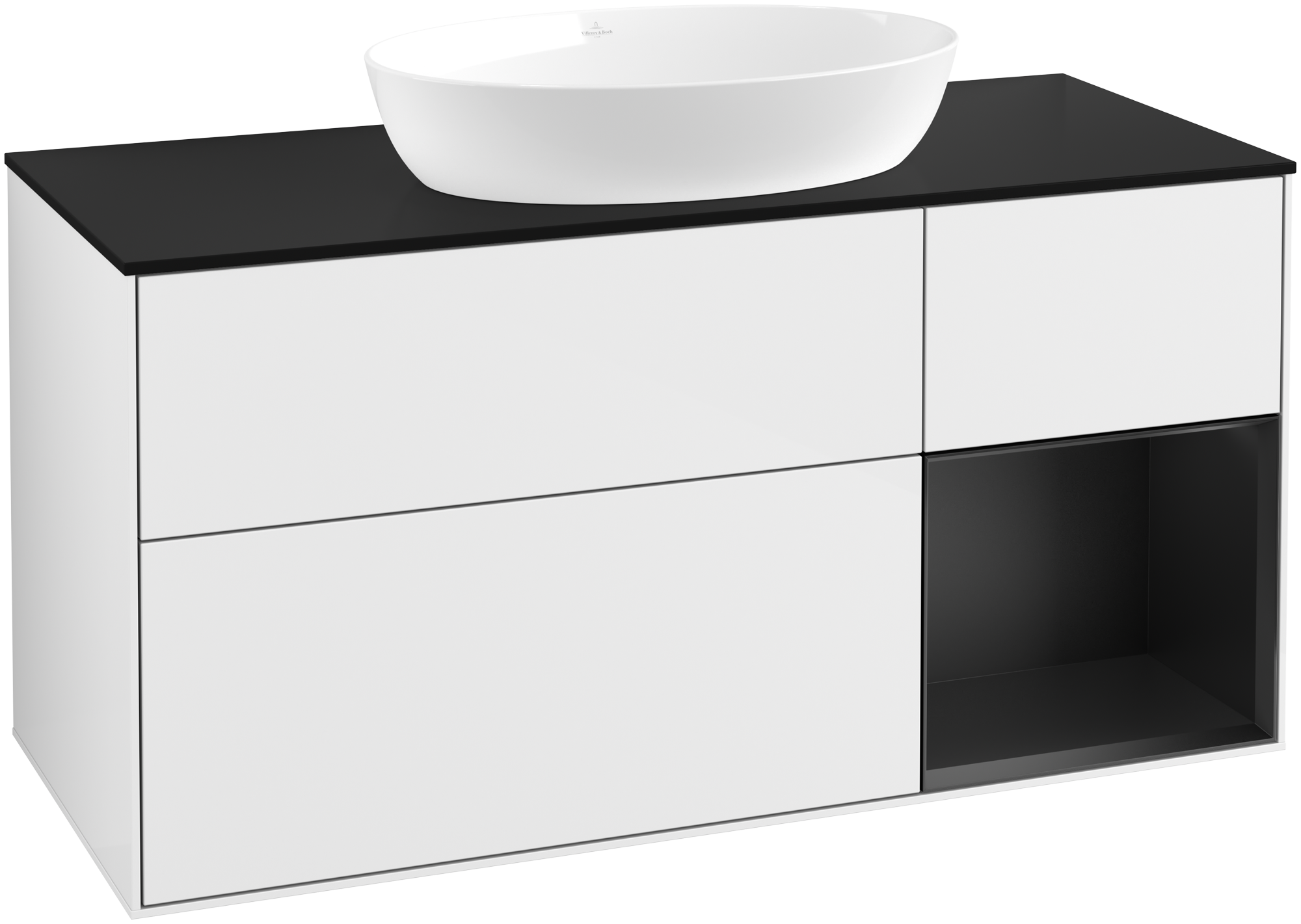 Villeroy & Boch Finion Meuble sous plan, avec éclairage, 3 tiroirs sur rails, 1200x603x501mm, Caisson: Glossy White Lacquer, Façade: Glossy White Lacquer, Élément d’étagère: Black Matt Lacquer, Plaque de recouvrement: Glass Black Matt
