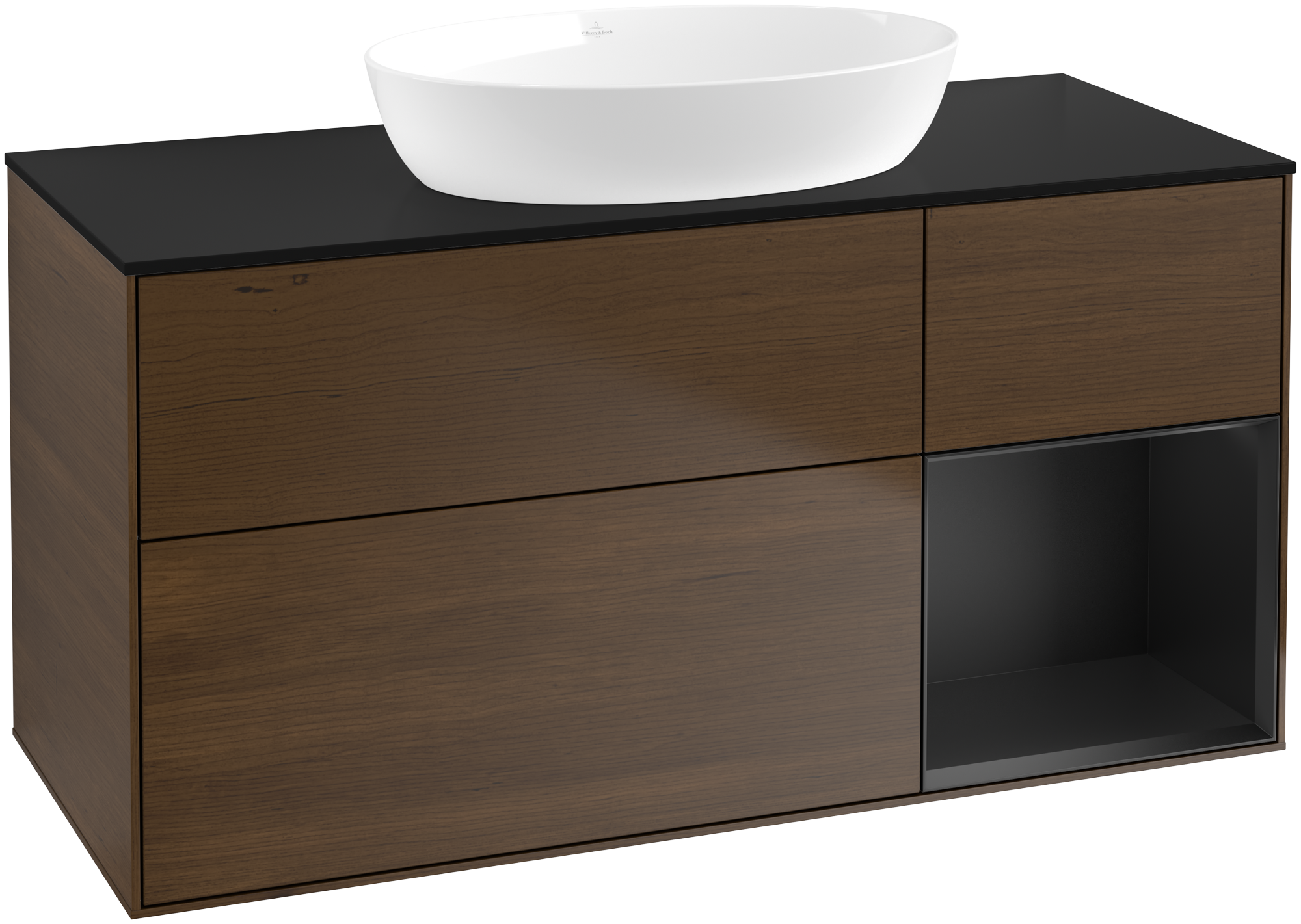 Villeroy & Boch Finion Meuble sous plan, avec éclairage, 3 tiroirs sur rails, 1200x603x501mm, Caisson: Walnut Veneer, Façade: Walnut Veneer, Élément d’étagère: Black Matt Lacquer, Plaque de recouvrement: Glass Black Matt