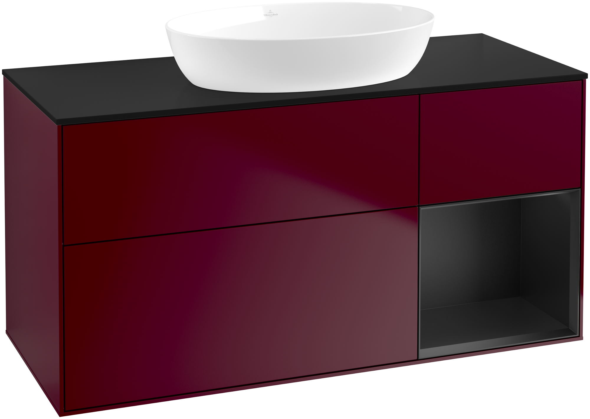 Villeroy & Boch Finion Meuble sous plan, avec éclairage, 3 tiroirs sur rails, 1200x603x501mm, Caisson: Peony Matt Lacquer, Façade: Peony Matt Lacquer, Élément d’étagère: Black Matt Lacquer, Plaque de recouvrement: Glass Black Matt