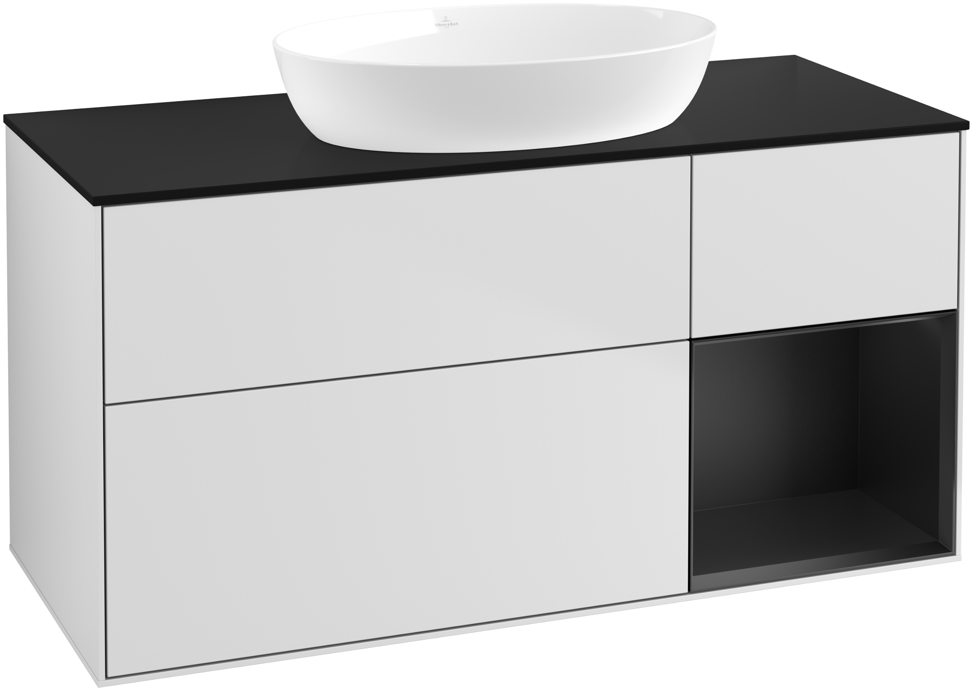 Villeroy & Boch Finion Meuble sous plan, avec éclairage, 3 tiroirs sur rails, 1200x603x501mm, Caisson: White Matt Lacquer, Façade: White Matt Lacquer, Élément d’étagère: Black Matt Lacquer, Plaque de recouvrement: Glass Black Matt