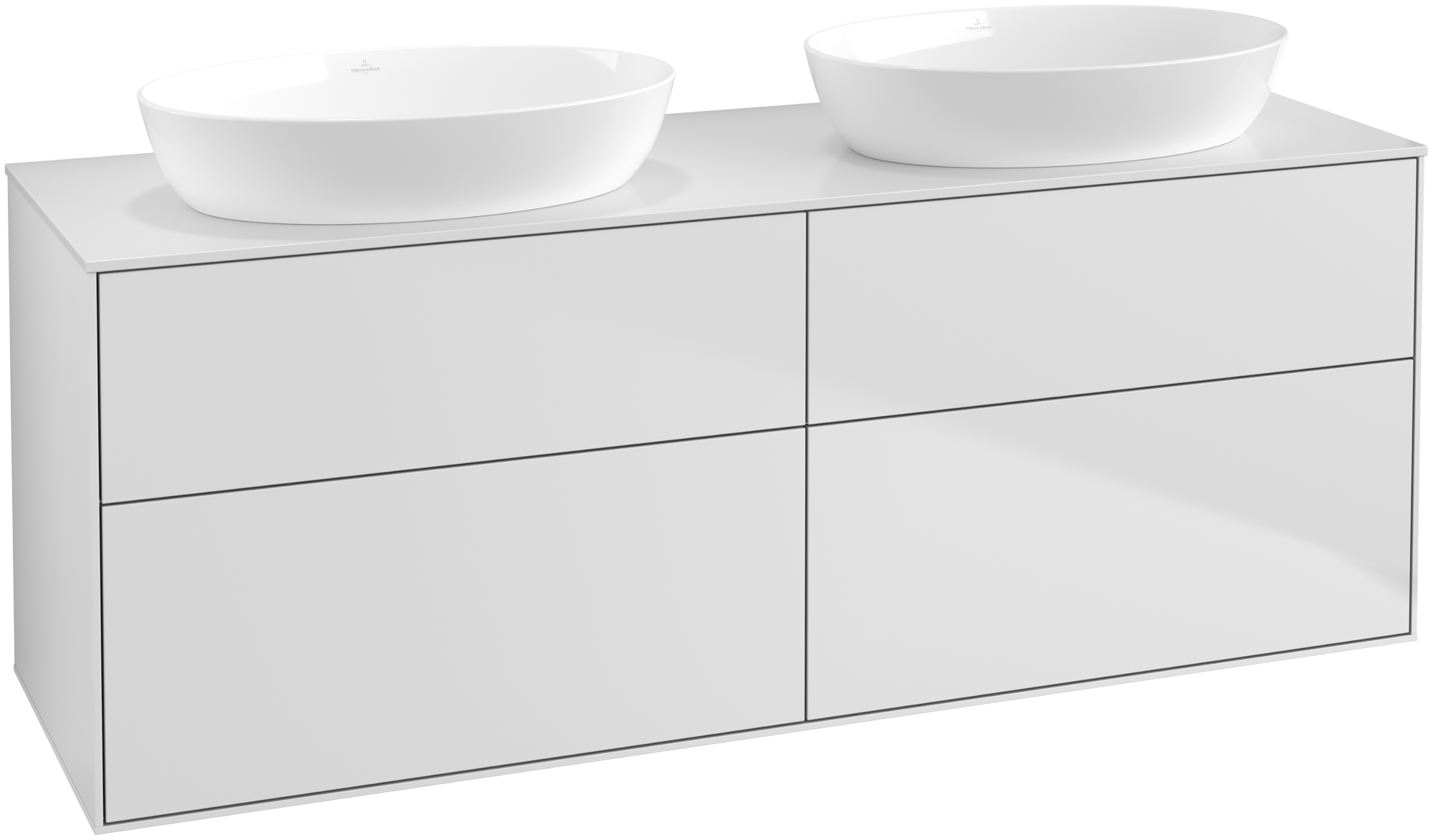 Villeroy & Boch Finion Meuble sous plan, avec éclairage, 4 tiroirs sur rails, 1600x603x501mm, Caisson: White Matt Lacquer, Façade: White Matt Lacquer, Plaque de recouvrement: Glass White Matt