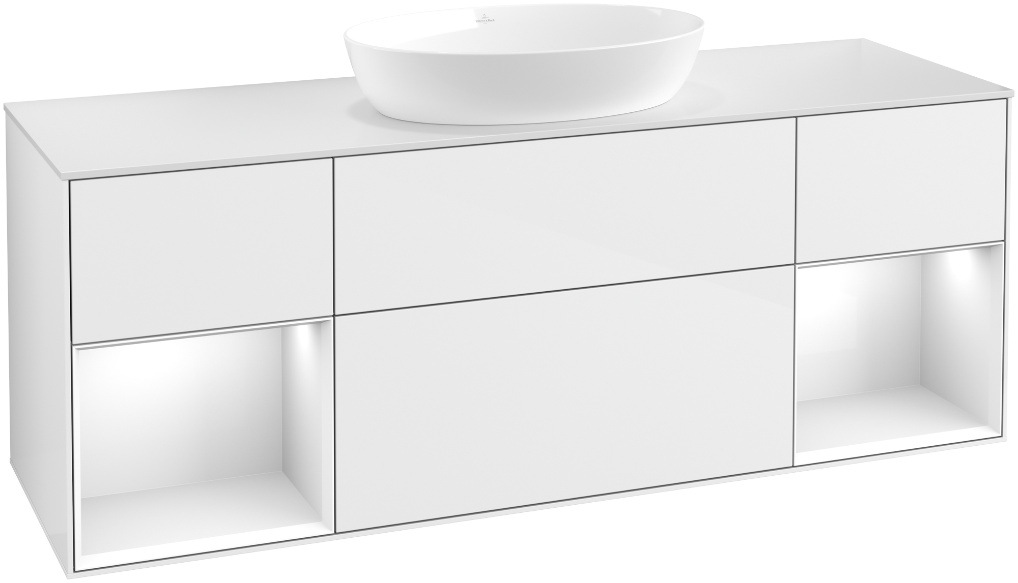 Villeroy & Boch Finion Wastafelonderkast, met verlichting, 4 uittrekladen, 1600x603x501mm, Corpus: Glossy White Lacquer, Front: Glossy White Lacquer, Rekelement: Glossy White Lacquer, Afdekplaat: Glass White Matt