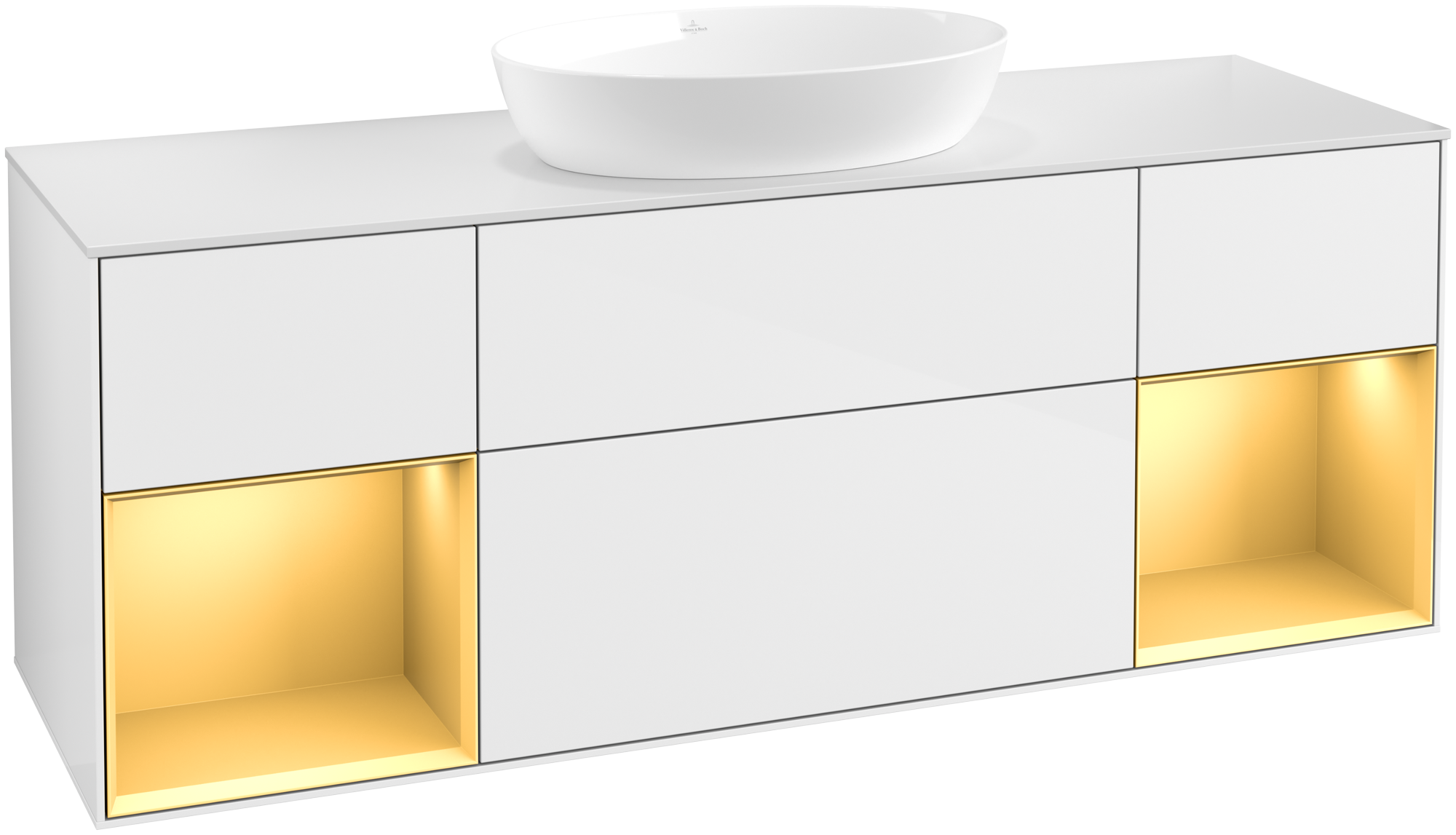 Villeroy & Boch Finion Waschbeckenunterschrank, mit Beleuchtung, 4 Auszüge, 1600x603x501mm, Korpus: Glossy White Lacquer, Front: Glossy White Lacquer, Regalelement: Gold Matt Lacquer, Abdeckplatte: Glass White Matt