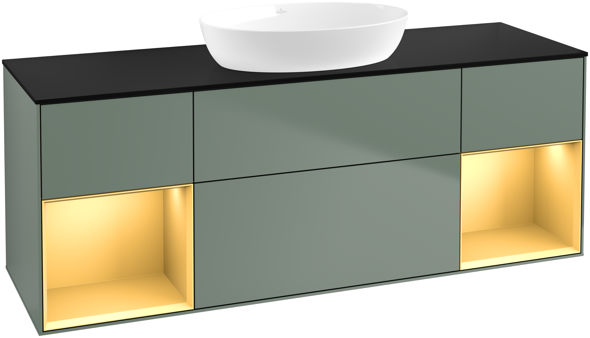 Villeroy & Boch Finion Vanity unit, with lighting, 4 pull-out compartments, 1600x603x501mm, Body: Olive Matt Lacquer, Front: Olive Matt Lacquer, Shelf: Gold Matt Lacquer, Cover plate: Glass Black Matt