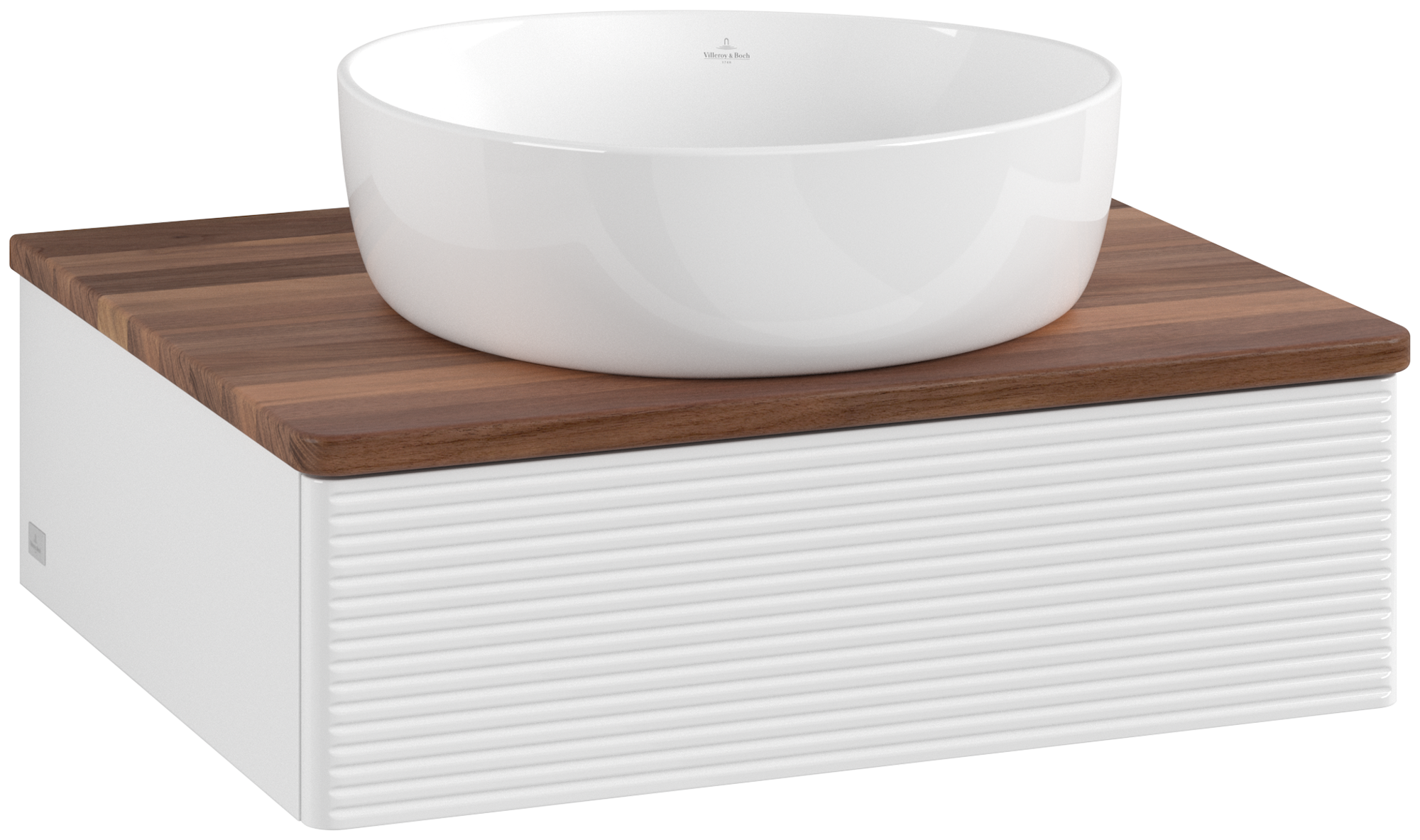 Villeroy & Boch Antao Meuble sous plan, 1 tiroir sur rails, 600x190x500mm, Façade avec structure, Caisson: Glossy White Lacquer, Façade: Glossy White Lacquer, Plaque de recouvrement: Warm Walnut