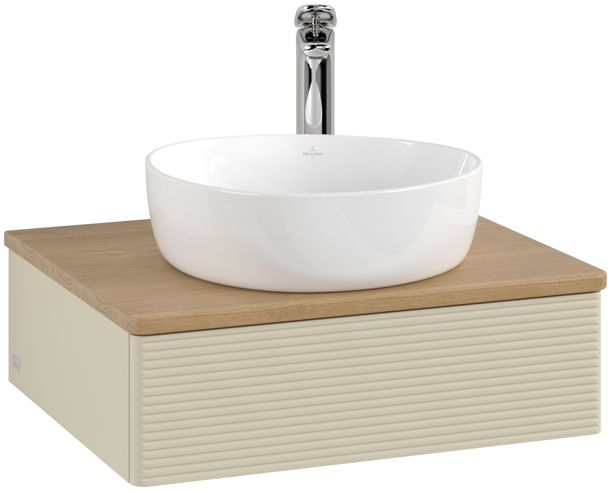 Villeroy & Boch Antao Skab, 1 udtræk, 600x190x500mm, Forside med årestruktur, Korpus: Silk Grey Matt Lacquer, Front: Silk Grey Matt Lacquer, Afdækningsplade: Honey Oak