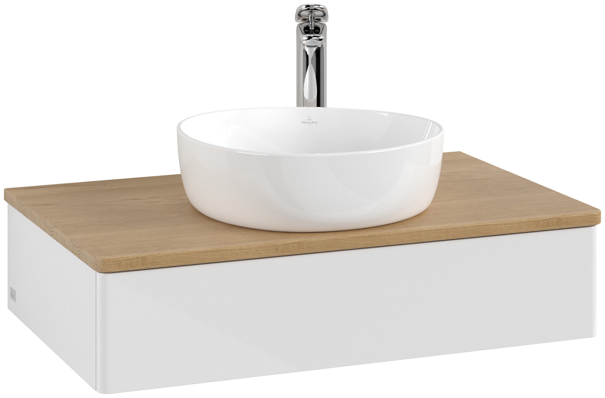 Villeroy & Boch Antao Waschbeckenunterschrank, 1 Auszug, 800x190x500mm, Front ohne Struktur, Korpus: Glossy White Lacquer, Front: Glossy White Lacquer, Abdeckplatte: Honey Oak