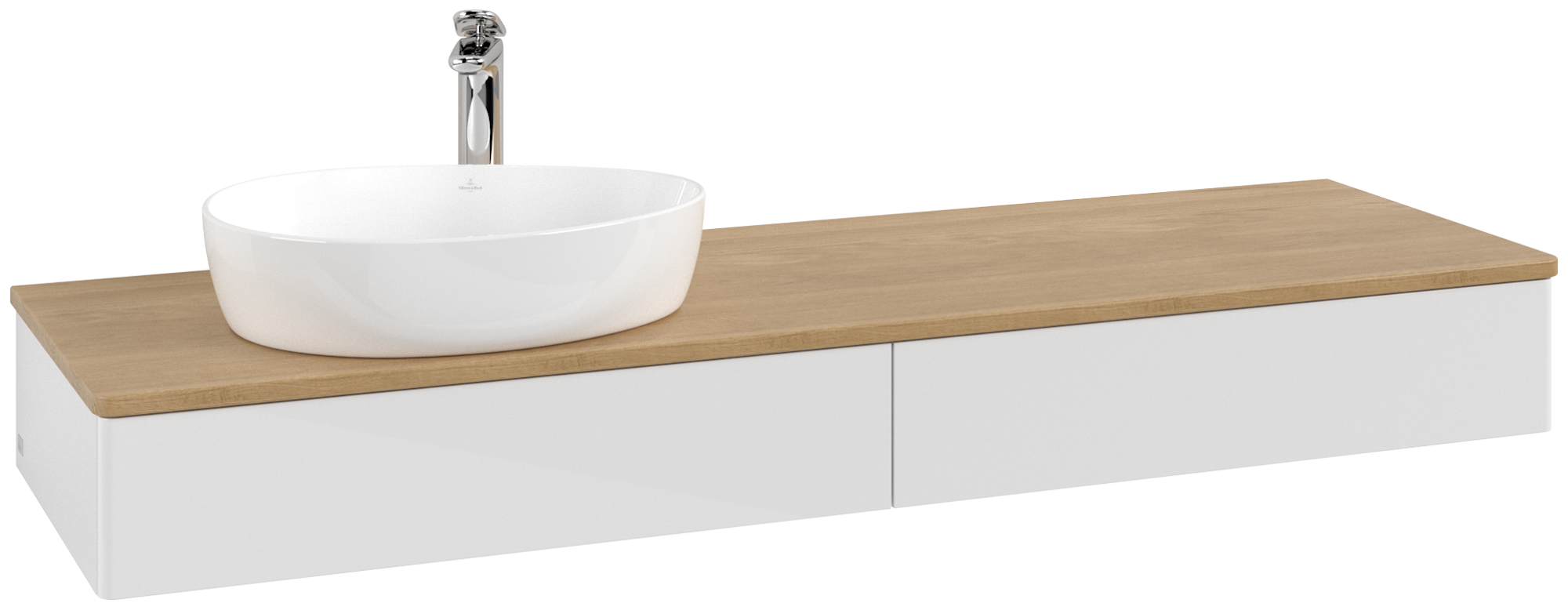 Villeroy & Boch Antao Waschbeckenunterschrank, 2 Auszüge, 1600x190x500mm, Front ohne Struktur, Korpus: Glossy White Lacquer, Front: Glossy White Lacquer, Abdeckplatte: Honey Oak
