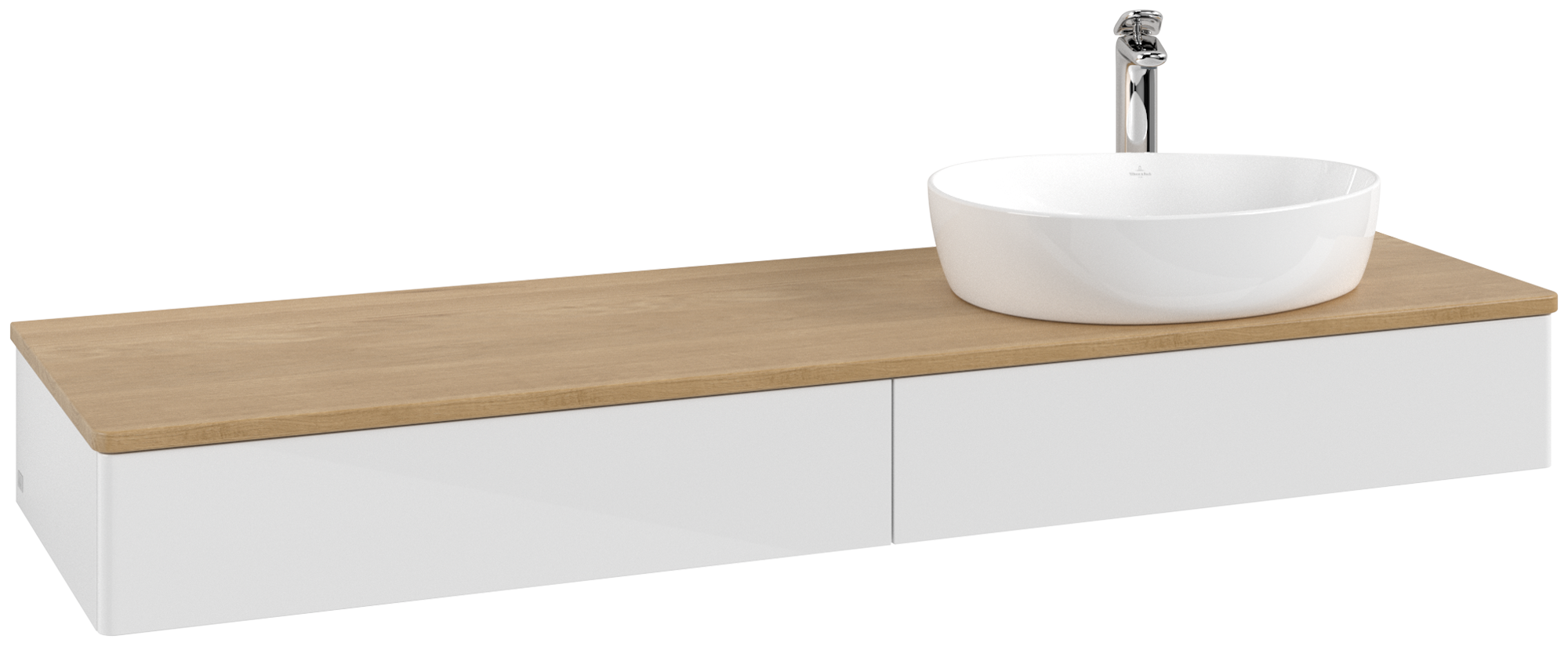 Villeroy & Boch Antao Waschbeckenunterschrank, 2 Auszüge, 1600x190x500mm, Front ohne Struktur, Korpus: Glossy White Lacquer, Front: Glossy White Lacquer, Abdeckplatte: Honey Oak