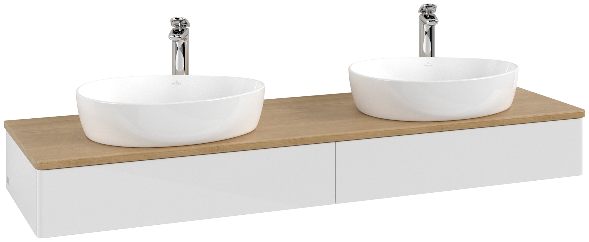 Villeroy & Boch Antao Waschbeckenunterschrank, 2 Auszüge, 1600x190x500mm, Front ohne Struktur, Korpus: Glossy White Lacquer, Front: Glossy White Lacquer, Abdeckplatte: Honey Oak