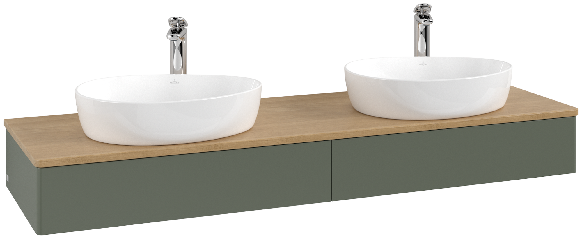 Villeroy & Boch Antao Vanity unit, 2 pull-out compartments, 1600x190x500mm, Front without structure, Body: Leaf Green Matt Lacquer, Front: Leaf Green Matt Lacquer, Cover plate: Honey Oak