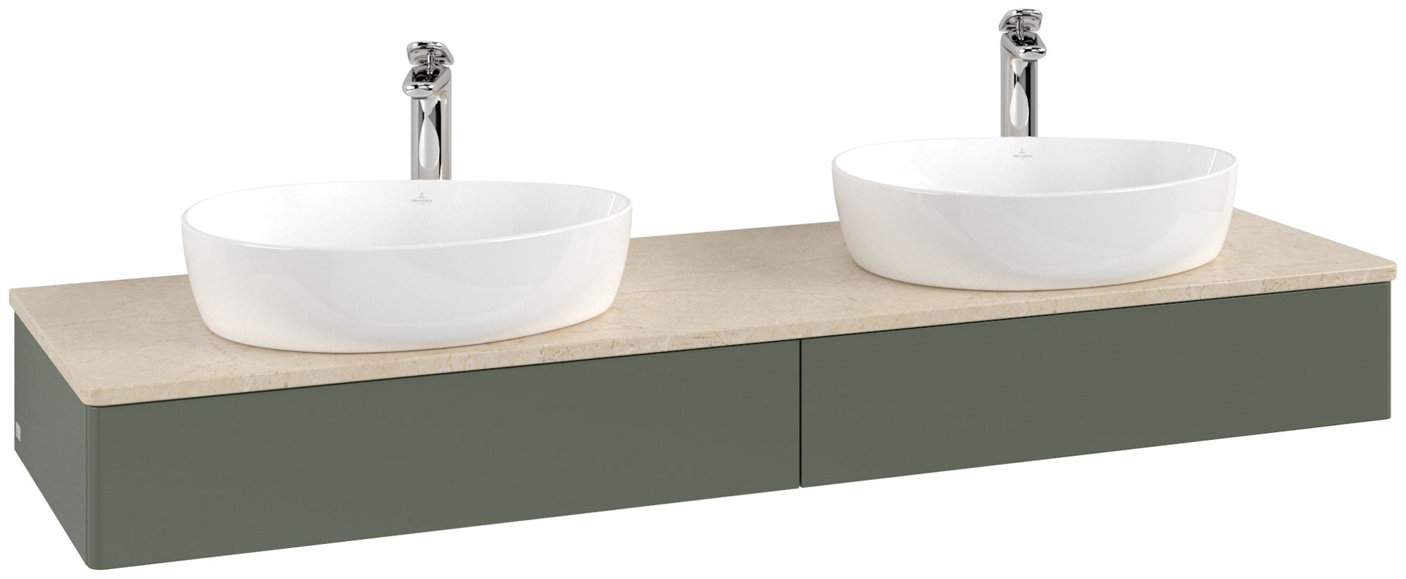 Villeroy & Boch Antao Vanity unit, 2 pull-out compartments, 1600x190x500mm, Front without structure, Body: Leaf Green Matt Lacquer, Front: Leaf Green Matt Lacquer, Cover plate: Botticino