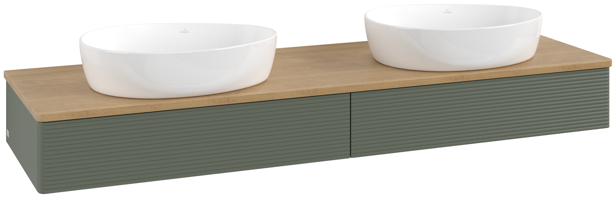 Villeroy & Boch Antao Vanity unit, 2 pull-out compartments, 1600x190x500mm, Front with grain texture, Body: Leaf Green Matt Lacquer, Front: Leaf Green Matt Lacquer, Cover plate: Honey Oak