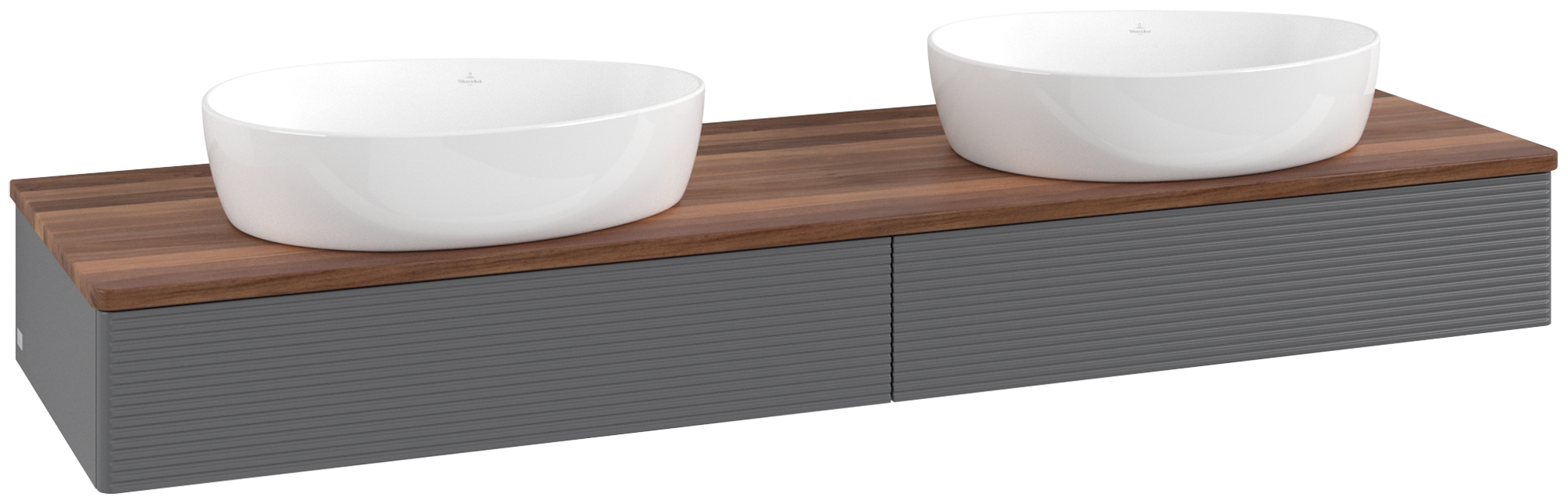 Villeroy & Boch Antao Vanity unit, 2 pull-out compartments, 1600x190x500mm, Front with grain texture, Body: Anthracite Matt Lacquer, Front: Anthracite Matt Lacquer, Cover plate: Warm Walnut