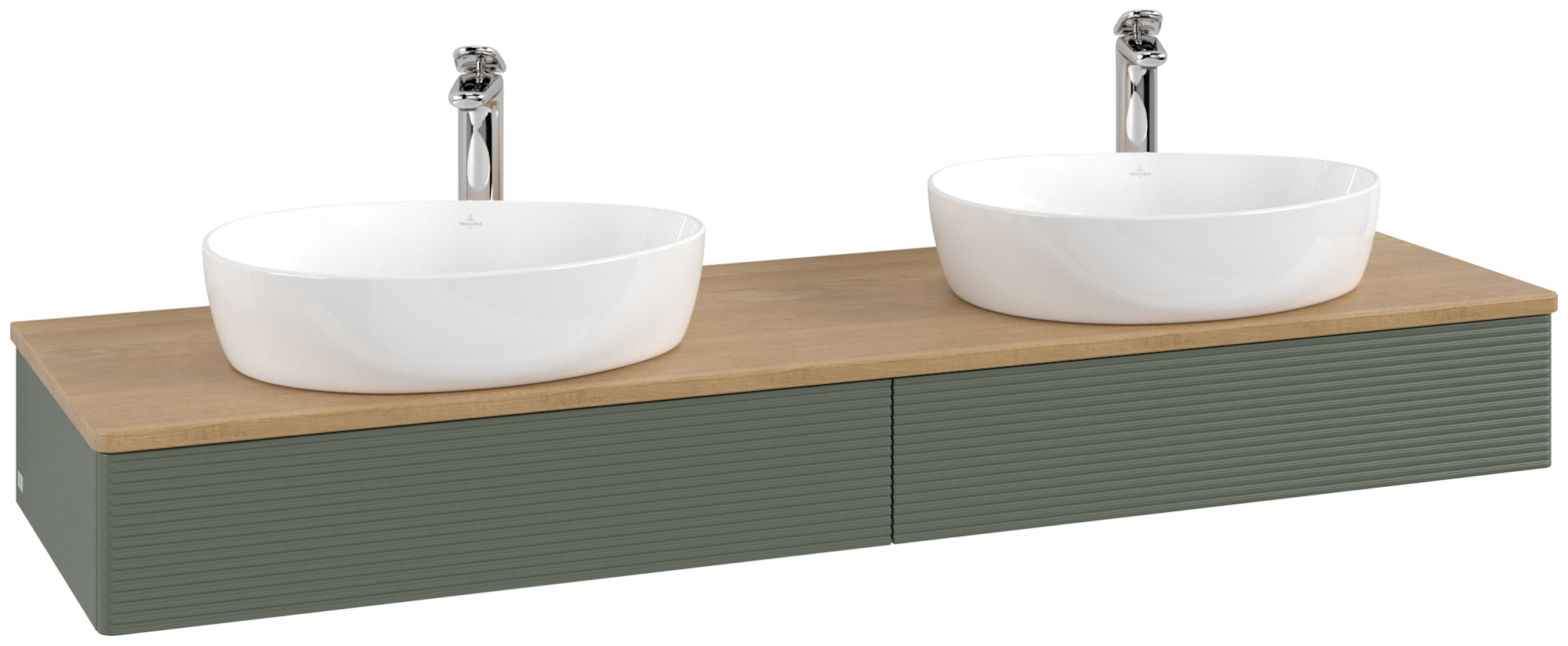Villeroy & Boch Antao Vanity unit, 2 pull-out compartments, 1600x190x500mm, Front with grain texture, Body: Leaf Green Matt Lacquer, Front: Leaf Green Matt Lacquer, Cover plate: Honey Oak