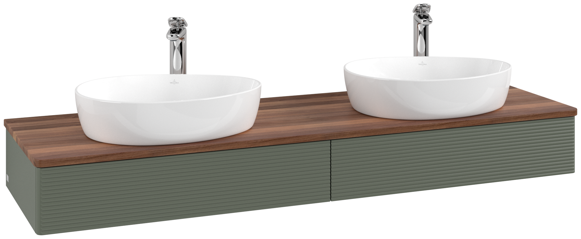 Villeroy & Boch Antao Vanity unit, 2 pull-out compartments, 1600x190x500mm, Front with grain texture, Body: Leaf Green Matt Lacquer, Front: Leaf Green Matt Lacquer, Cover plate: Warm Walnut