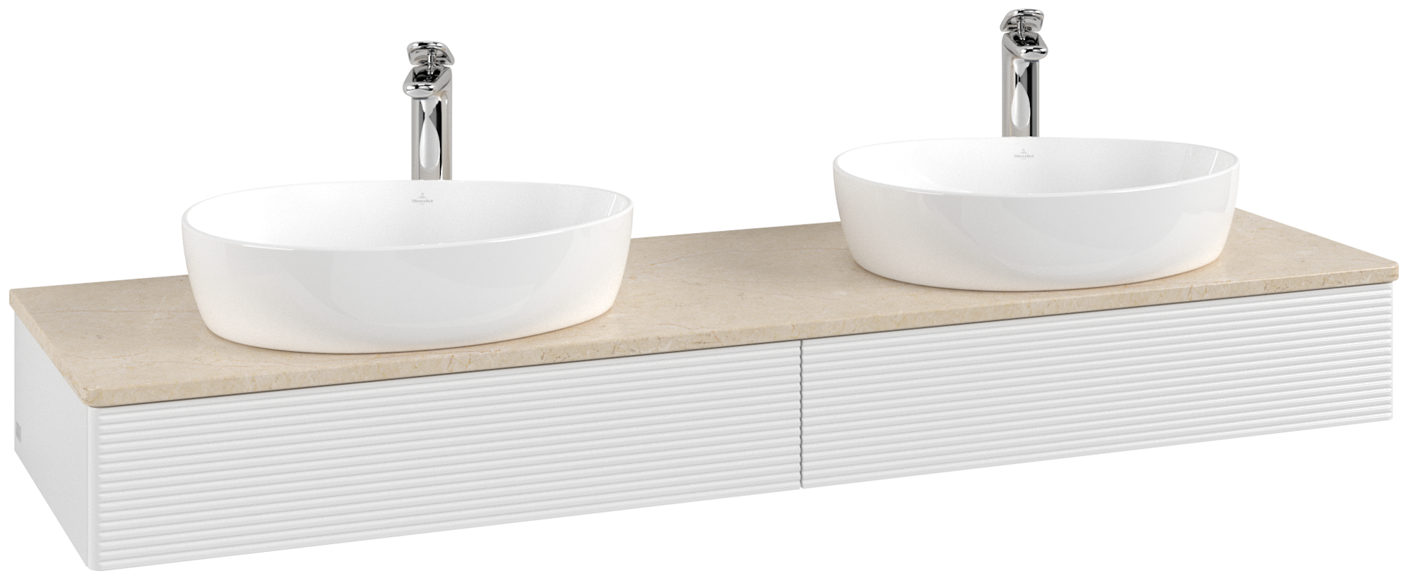 Villeroy & Boch Antao Vanity unit, 2 pull-out compartments, 1600x190x500mm, Front with grain texture, Body: Glossy White Lacquer, Front: Glossy White Lacquer, Cover plate: Botticino