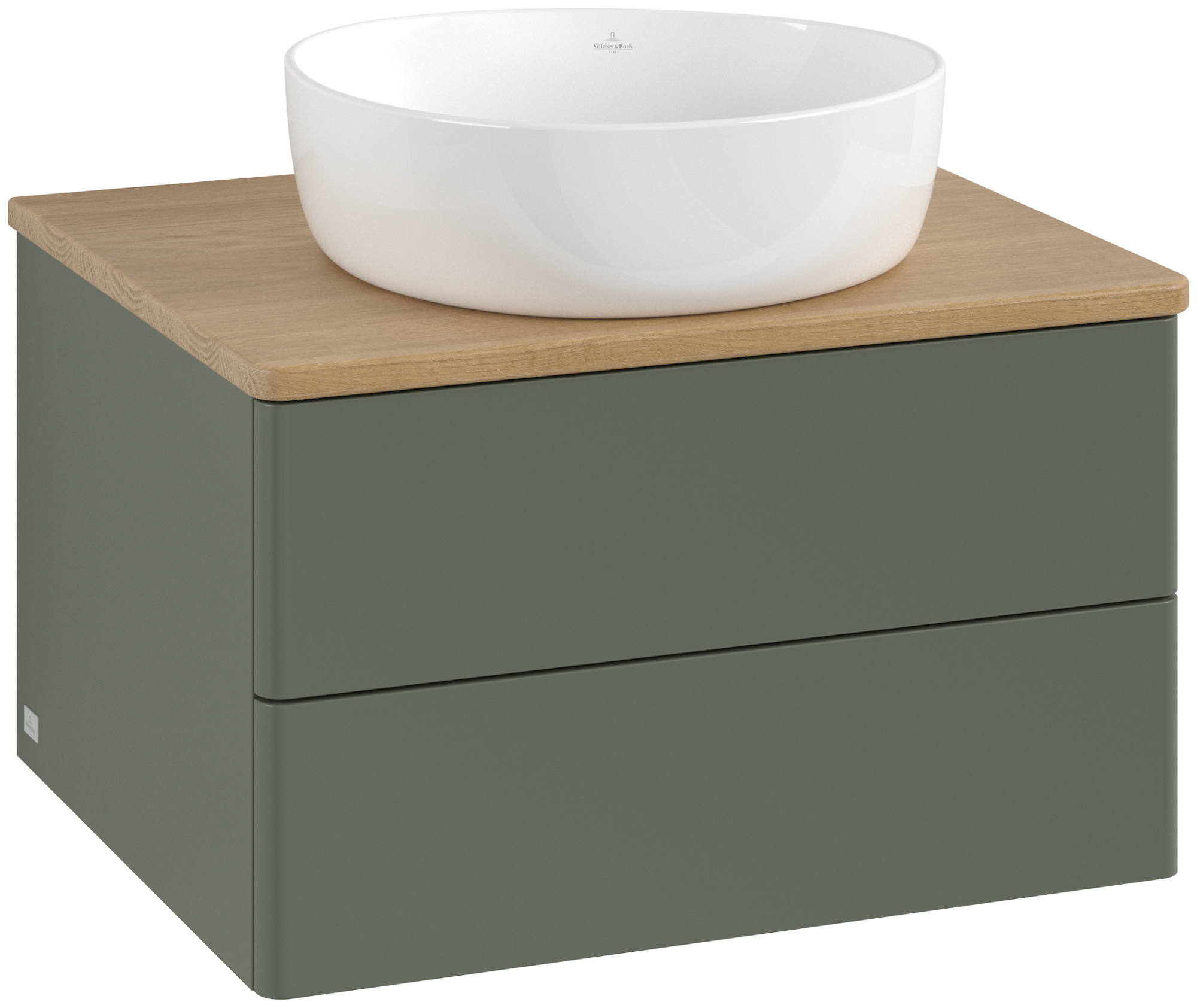 Villeroy & Boch Antao Meuble sous plan, 2 tiroirs sur rails, 600x360x500mm, Façade sans structure, Caisson: Leaf Green Matt Lacquer, Façade: Leaf Green Matt Lacquer, Plaque de recouvrement: Honey Oak
