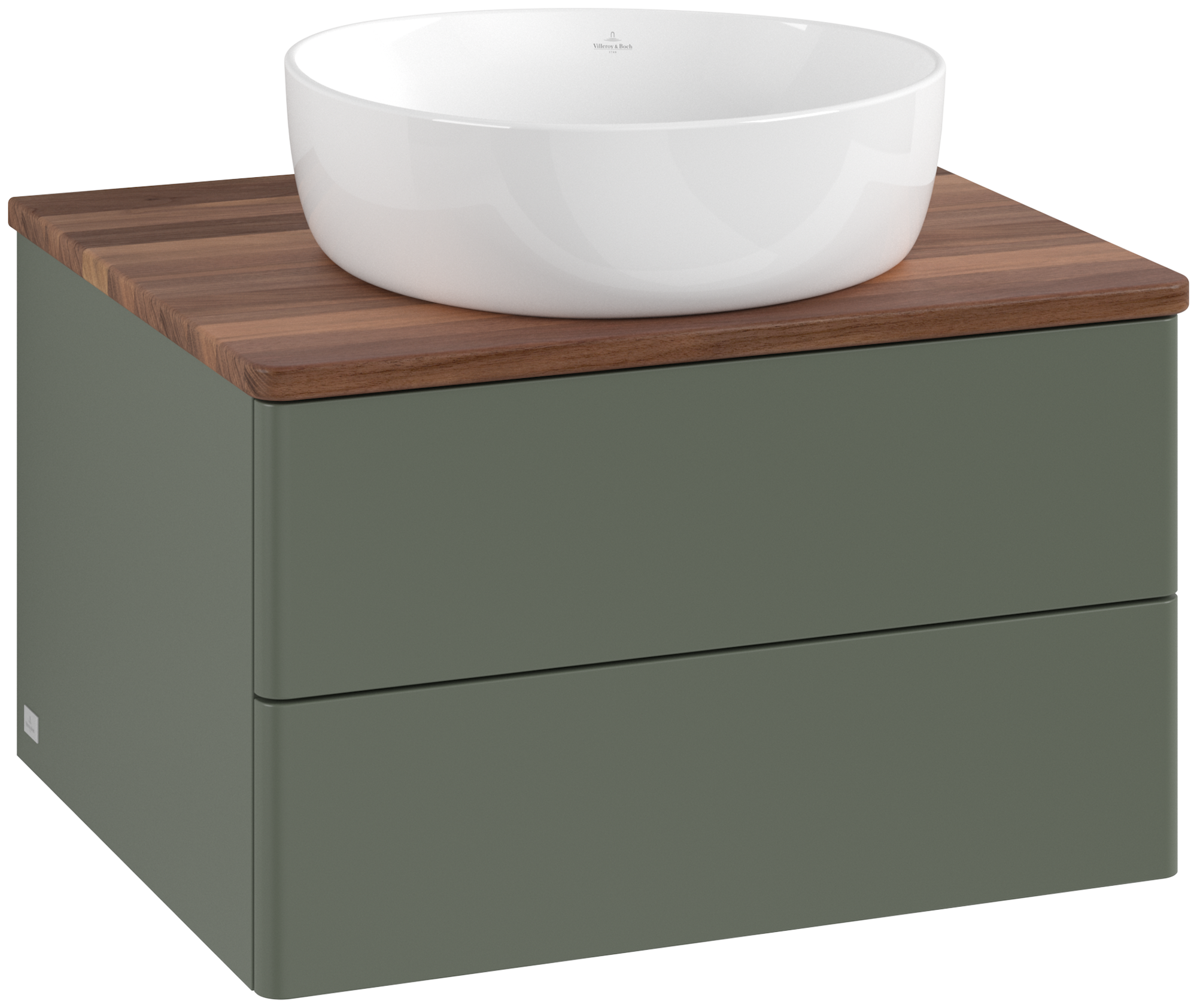 Villeroy & Boch Antao Meuble sous plan, 2 tiroirs sur rails, 600x360x500mm, Façade sans structure, Caisson: Leaf Green Matt Lacquer, Façade: Leaf Green Matt Lacquer, Plaque de recouvrement: Warm Walnut