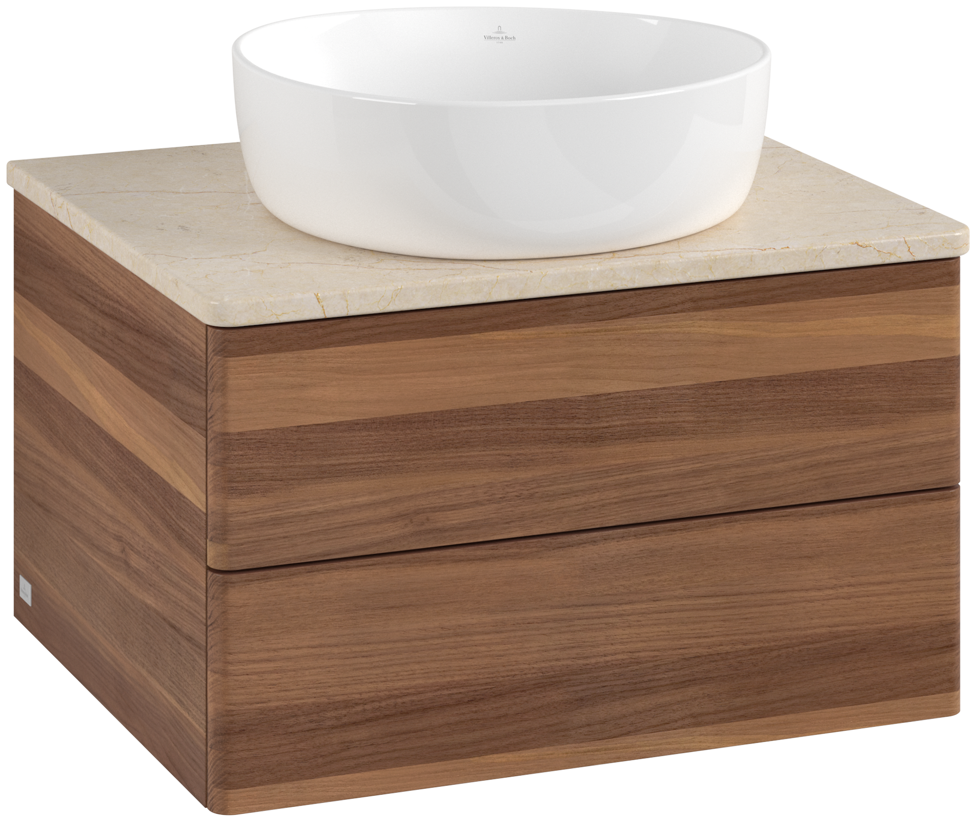 Villeroy & Boch Antao Meuble sous plan, 2 tiroirs sur rails, 600x360x500mm, Façade sans structure, Caisson: Warm Walnut, Façade: Warm Walnut, Plaque de recouvrement: Botticino