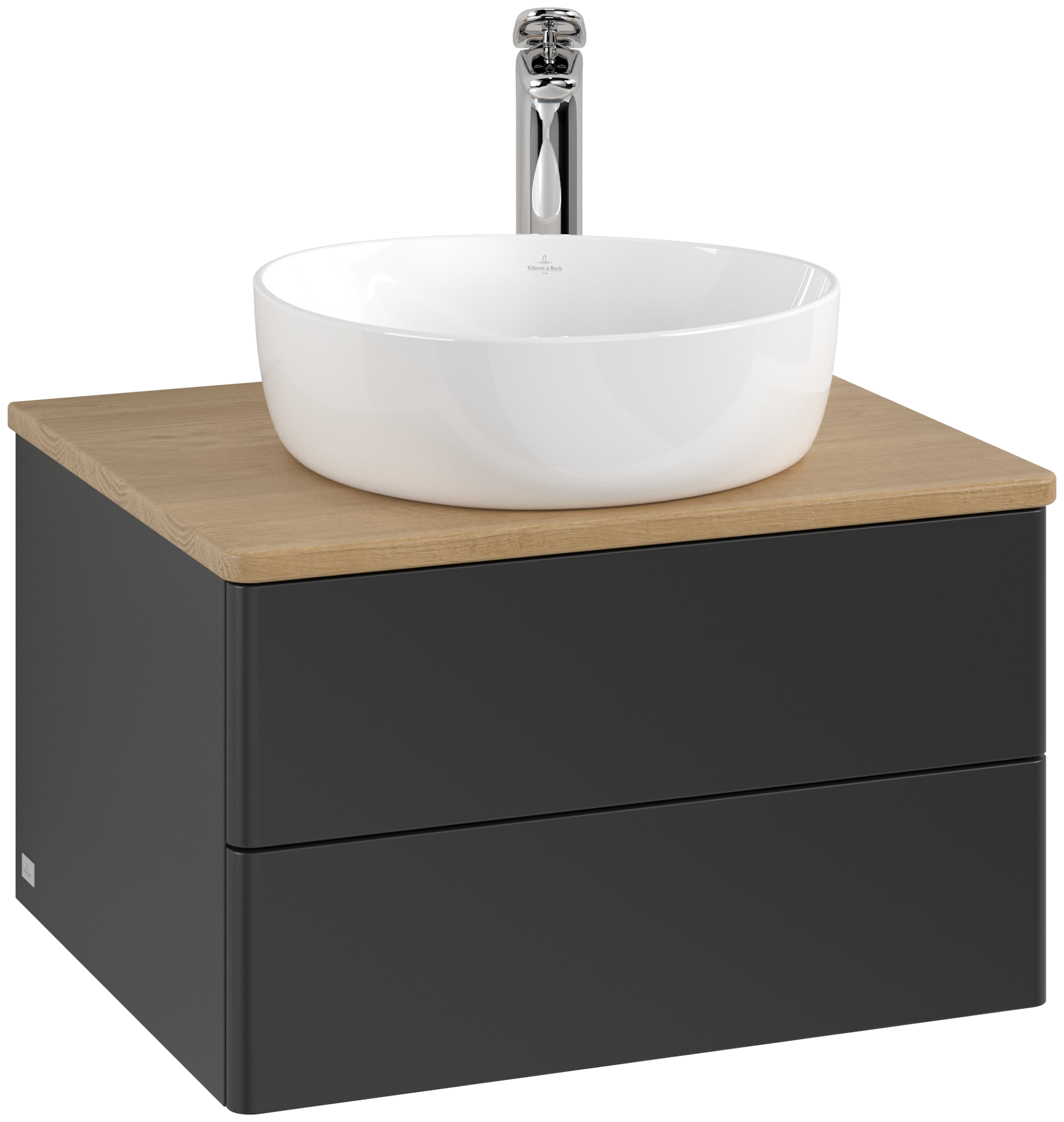 Villeroy & Boch Antao Meuble sous plan, 2 tiroirs sur rails, 600x360x500mm, Façade sans structure, Caisson: Black Matt Lacquer, Façade: Black Matt Lacquer, Plaque de recouvrement: Honey Oak