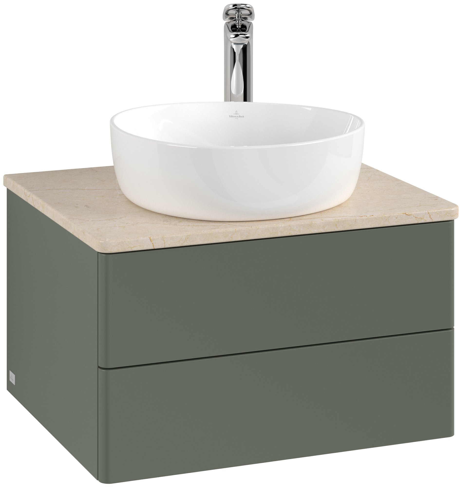 Villeroy & Boch Antao Meuble sous plan, 2 tiroirs sur rails, 600x360x500mm, Façade sans structure, Caisson: Leaf Green Matt Lacquer, Façade: Leaf Green Matt Lacquer, Plaque de recouvrement: Botticino