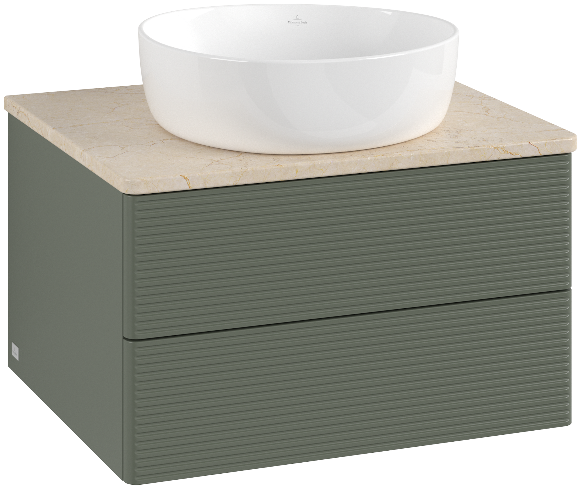 Villeroy & Boch Antao Meuble sous plan, 2 tiroirs sur rails, 600x360x500mm, Façade avec structure, Caisson: Leaf Green Matt Lacquer, Façade: Leaf Green Matt Lacquer, Plaque de recouvrement: Botticino