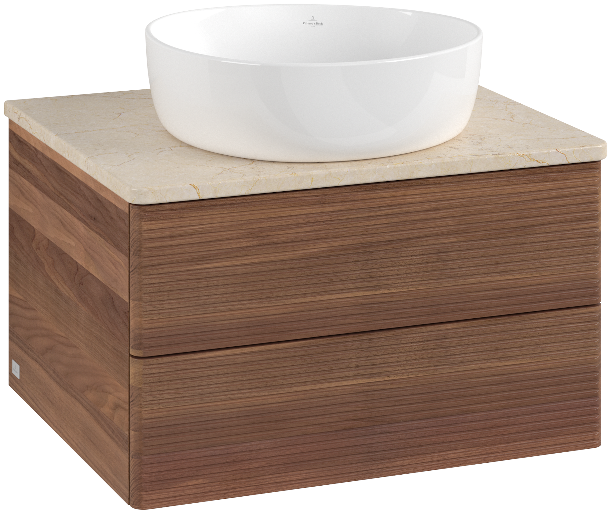 Villeroy & Boch Antao Meuble sous plan, 2 tiroirs sur rails, 600x360x500mm, Façade avec structure, Caisson: Warm Walnut, Façade: Warm Walnut, Plaque de recouvrement: Botticino