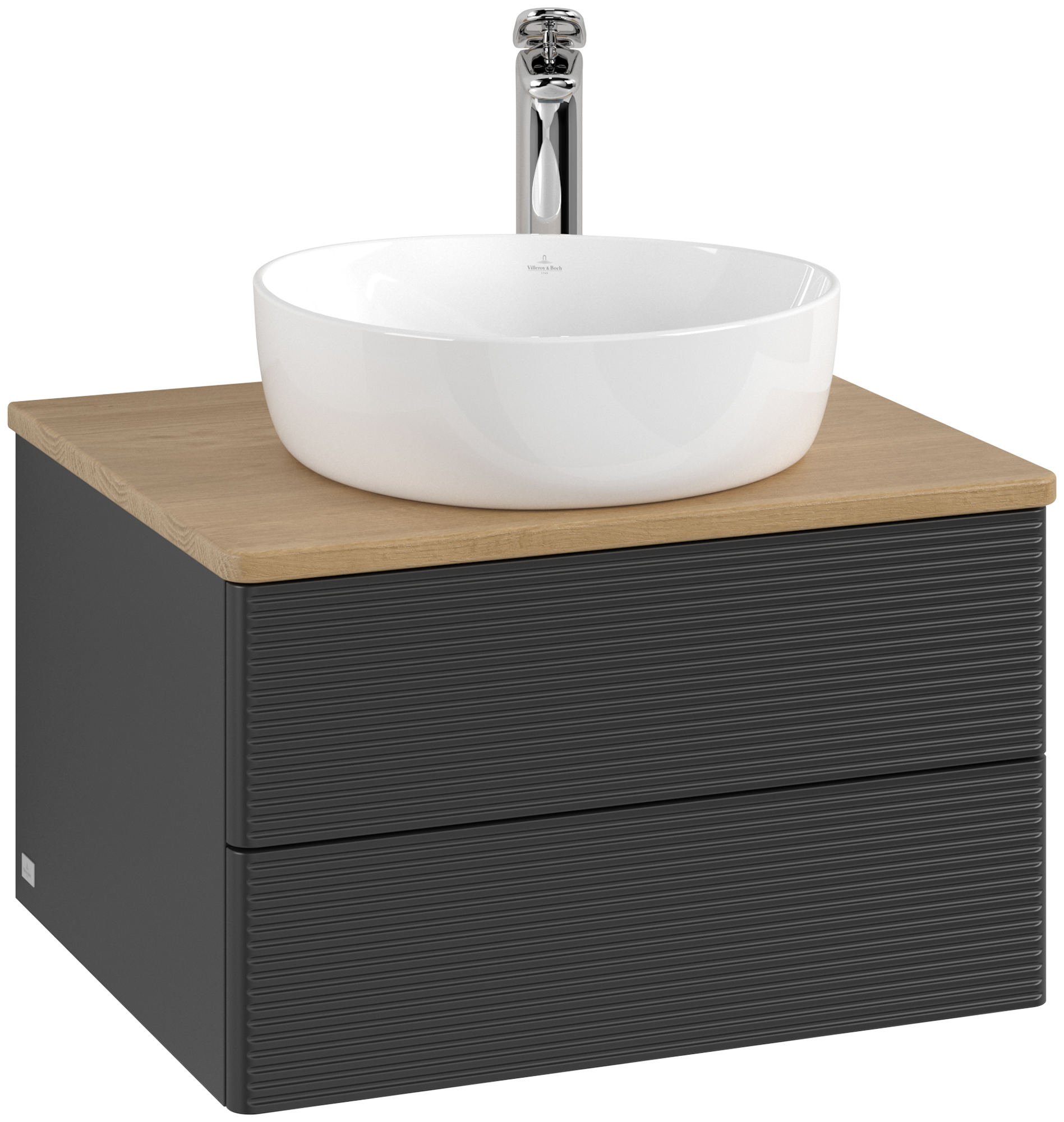 Villeroy & Boch Antao Meuble sous plan, 2 tiroirs sur rails, 600x360x500mm, Façade avec structure, Caisson: Black Matt Lacquer, Façade: Black Matt Lacquer, Plaque de recouvrement: Honey Oak
