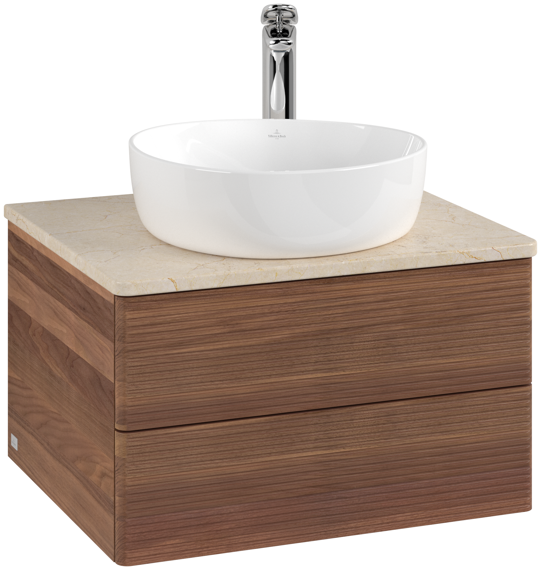 Villeroy & Boch Antao Meuble sous plan, 2 tiroirs sur rails, 600x360x500mm, Façade avec structure, Caisson: Warm Walnut, Façade: Warm Walnut, Plaque de recouvrement: Botticino