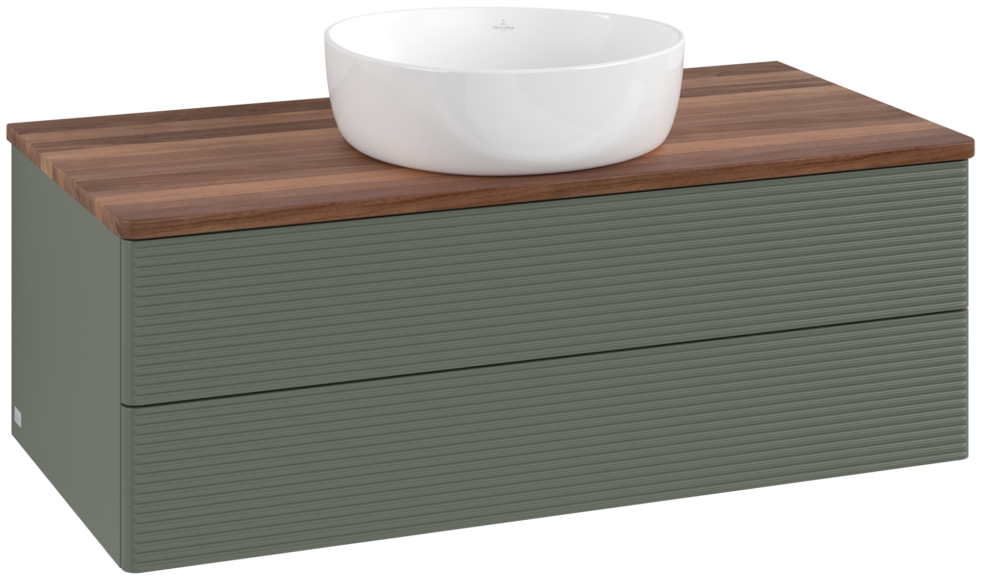 Villeroy & Boch Antao Skåp till tvättställ, 2 utdragbara fack, 1000x360x500mm, Framsida med grynig textur, Kropp: Leaf Green Matt Lacquer, Framsida: Leaf Green Matt Lacquer, Täckplatta: Warm Walnut