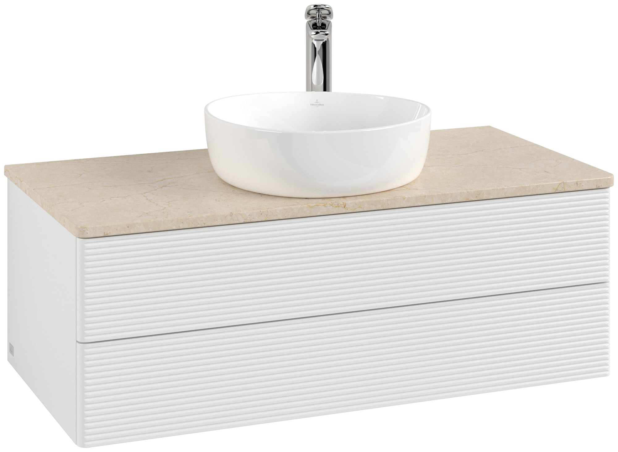 Villeroy & Boch Antao Meuble sous plan, 2 tiroirs sur rails, 1000x360x500mm, Façade avec structure, Caisson: Glossy White Lacquer, Façade: Glossy White Lacquer, Plaque de recouvrement: Botticino