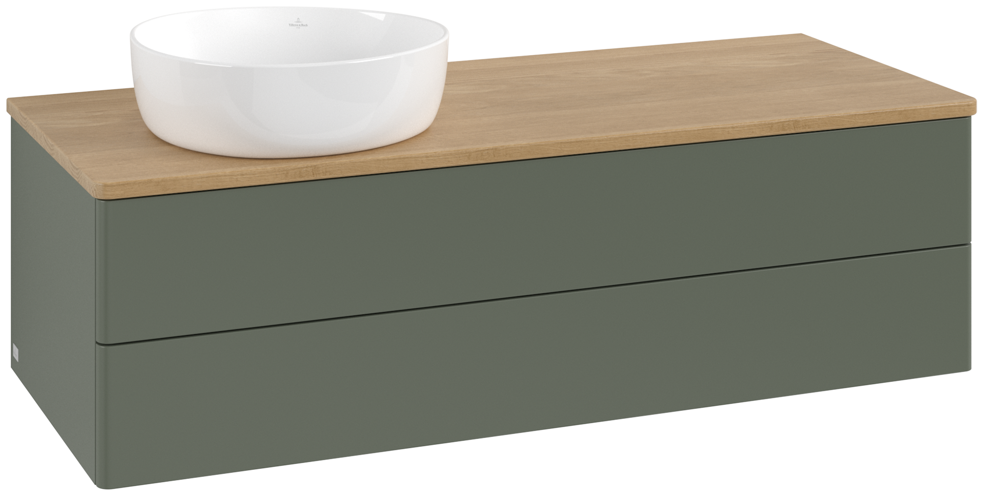 Villeroy & Boch Antao Vanity unit, 2 pull-out compartments, 1200x360x500mm, Front without structure, Body: Leaf Green Matt Lacquer, Front: Leaf Green Matt Lacquer, Cover plate: Honey Oak